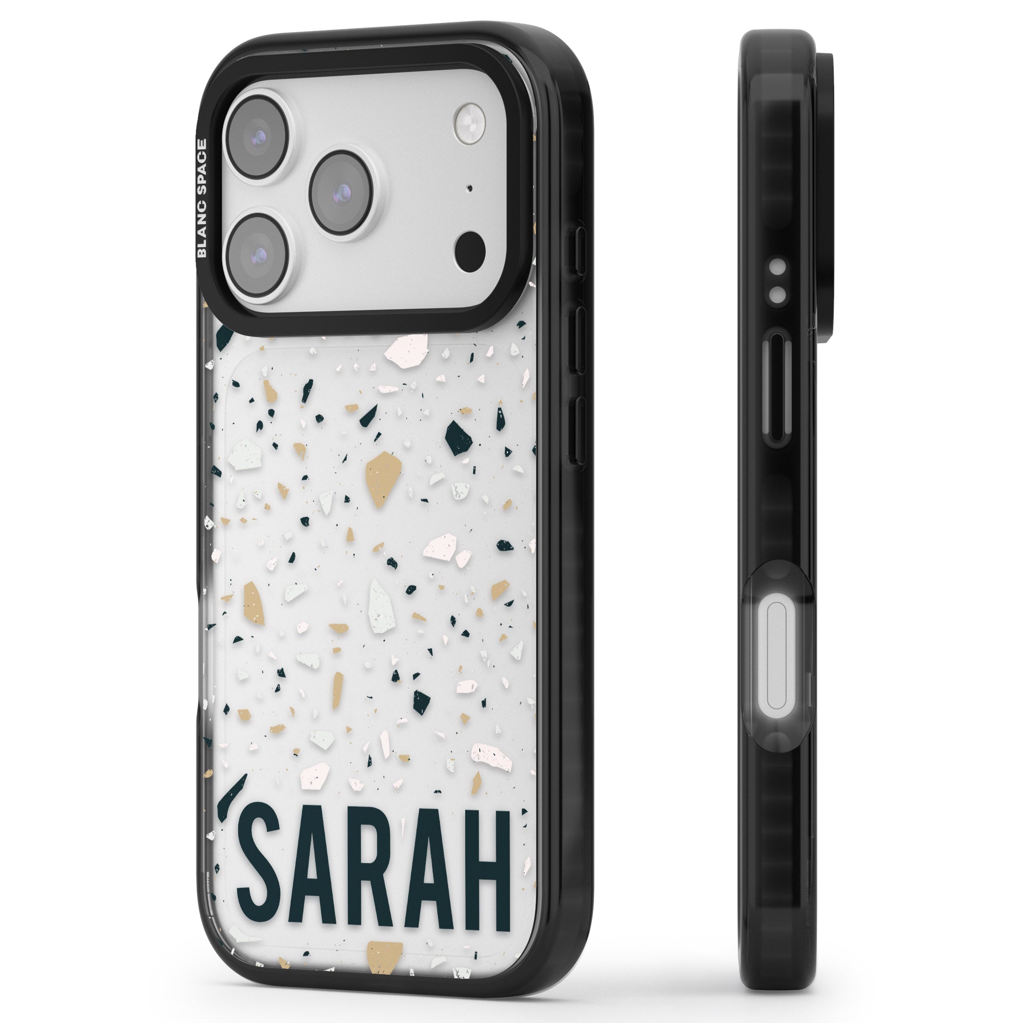 Personalised Terrazzo Blue, Pink, Brown iPhone 17 Pro Impact Black Phone Case Side Profile