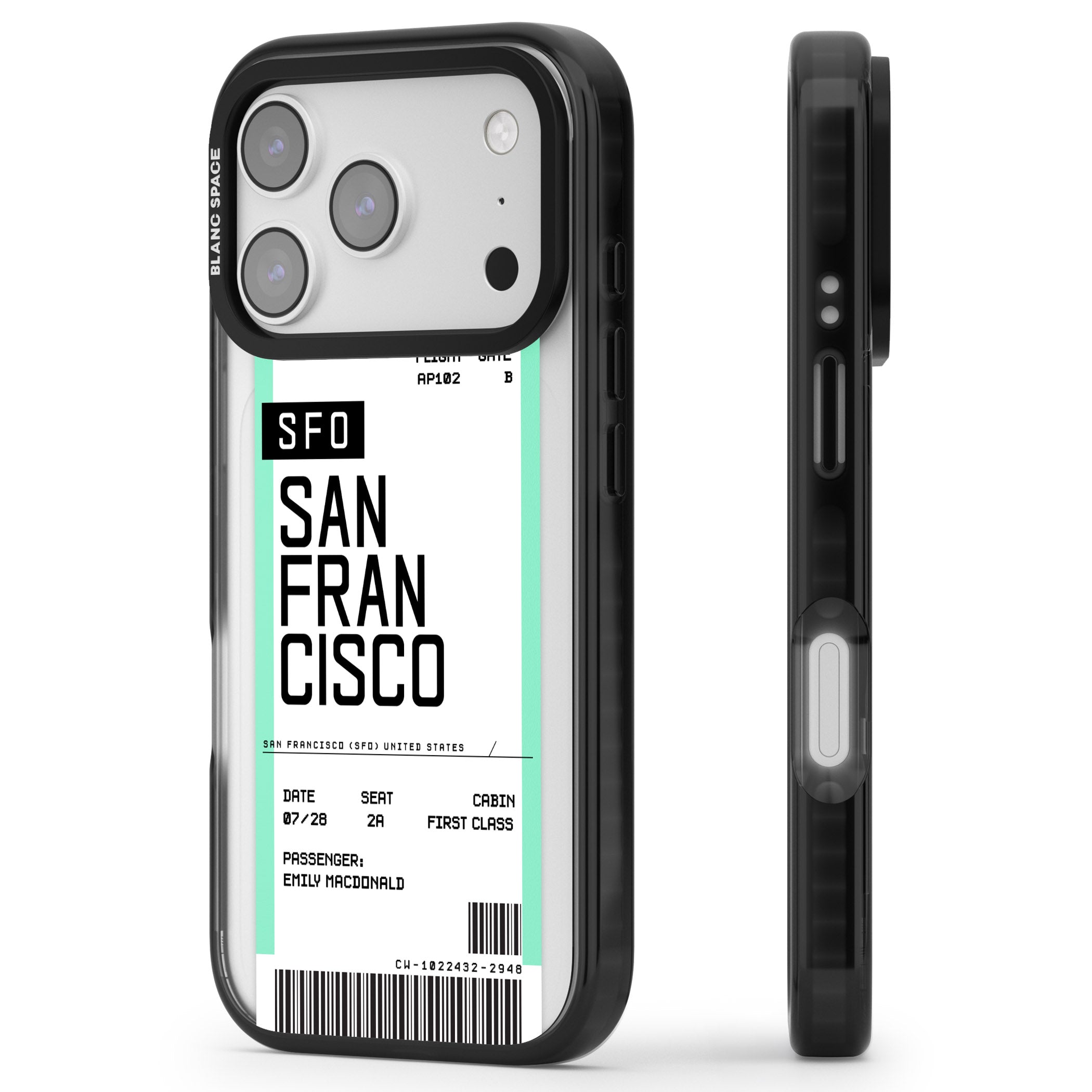 Personalised San Francisco Boarding Pass iPhone 17 Pro Impact Black Phone Case Side Profile