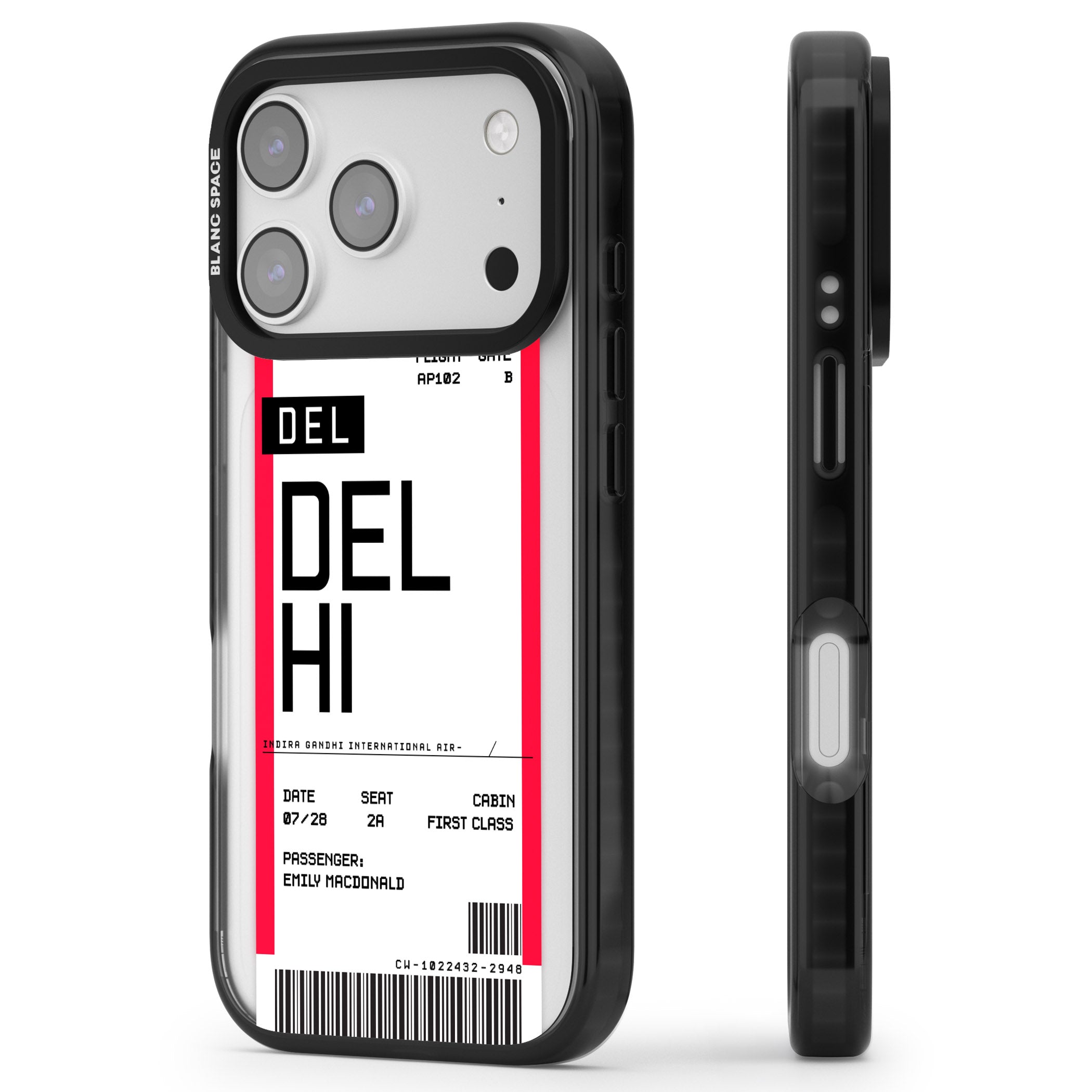 Personalised Delhi Boarding Pass iPhone 17 Pro Impact Black Phone Case Side Profile