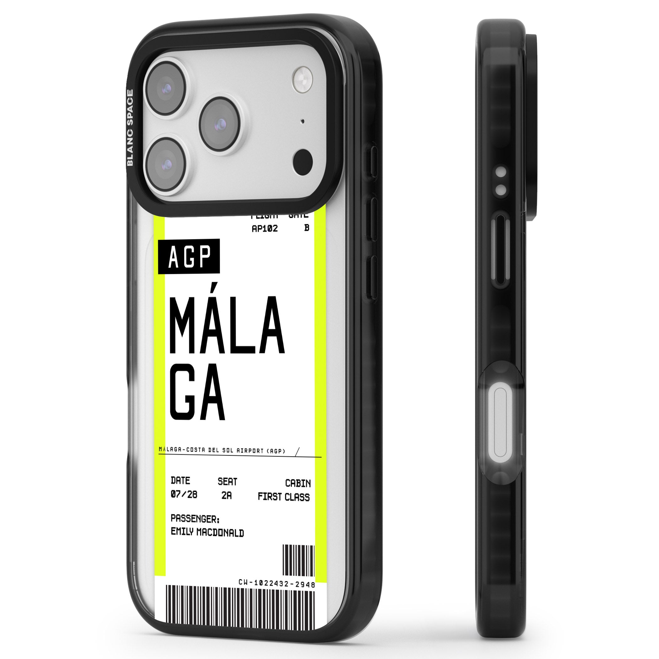 Personalised Málaga Boarding Pass iPhone 17 Pro Impact Black Phone Case Side Profile