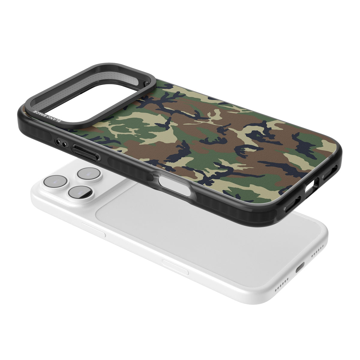 Forest Green Camo iPhone 17 Pro Max Impact Black Phone Case angled
