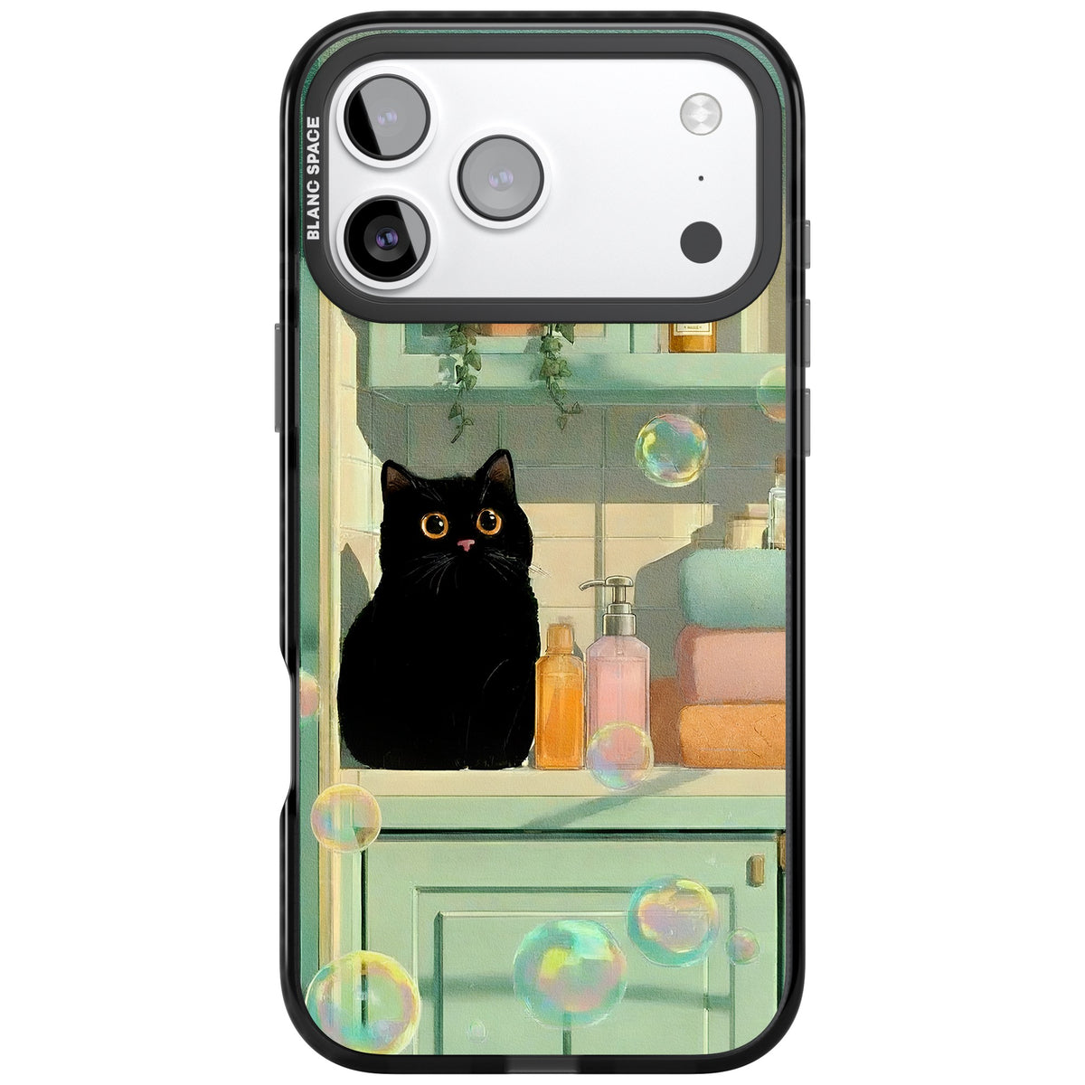 Bathroom Bubble Kitty iPhone 17 Pro Max Impact Black Phone Case front