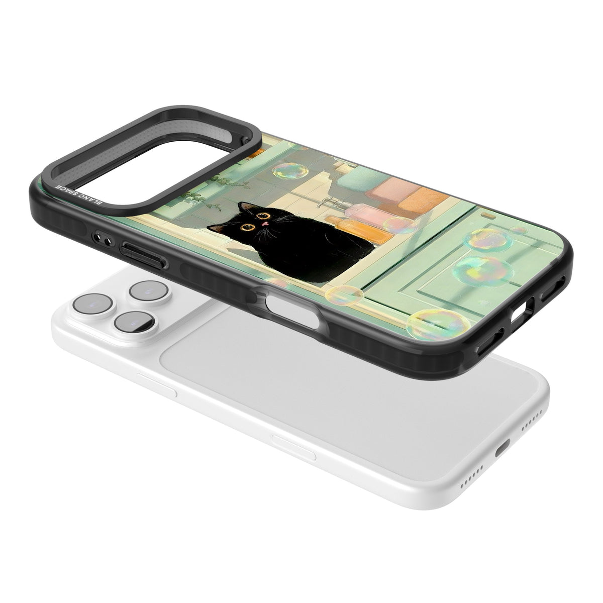 Bathroom Bubble Kitty iPhone 17 Pro Max Impact Black Phone Case angled