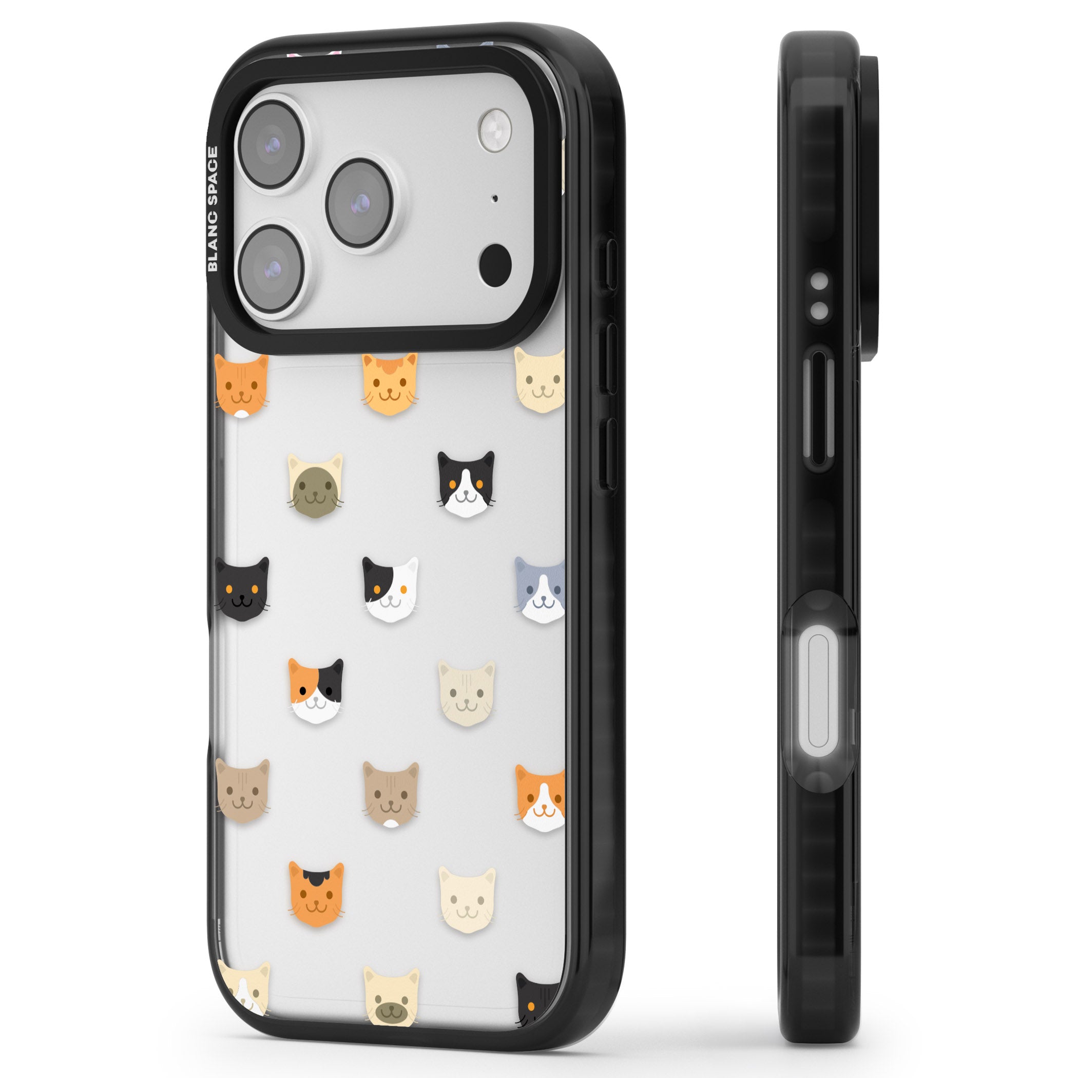 Cute Cat Face Transparent iPhone 17 Pro Impact Black Phone Case Side Profile