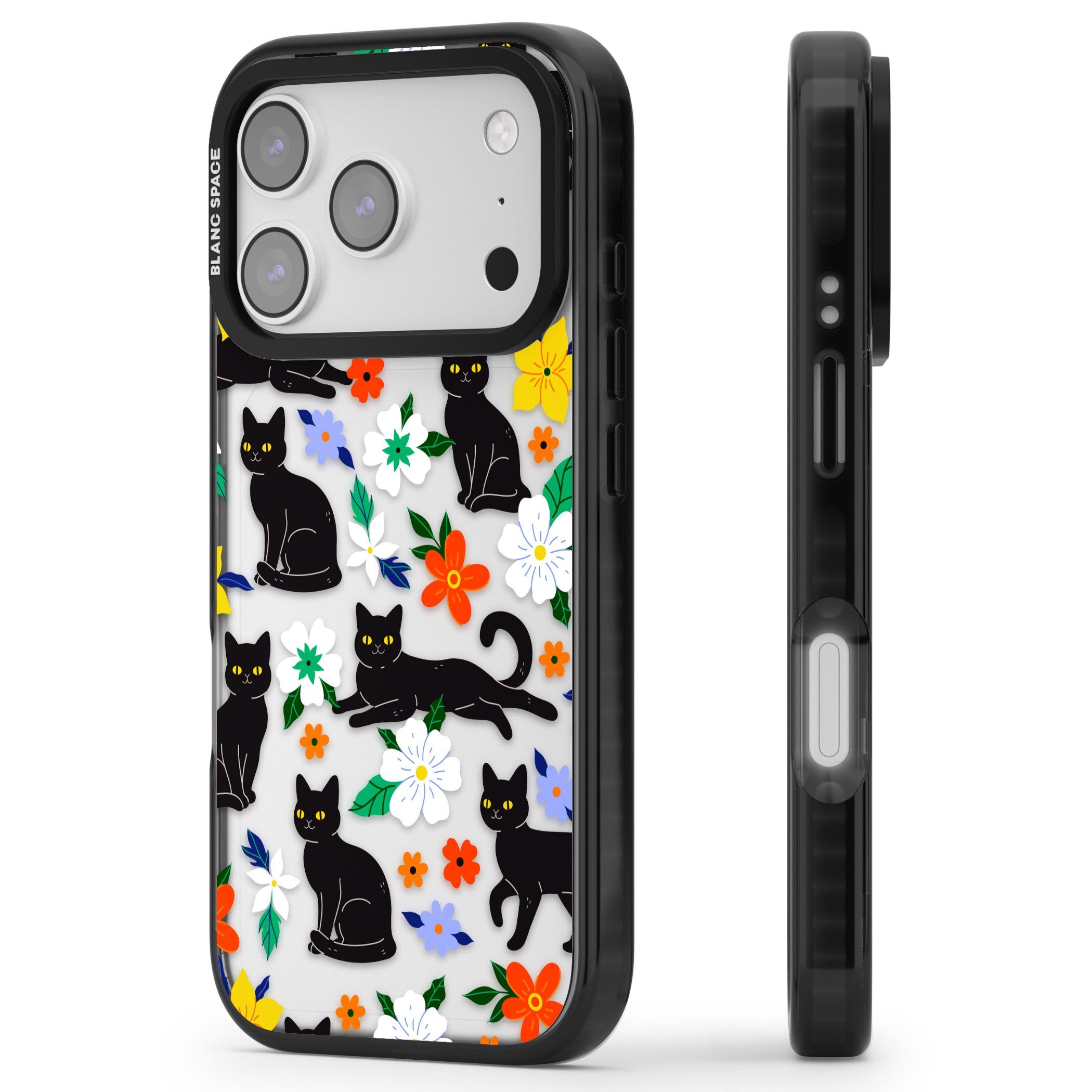 Cats Flowers iPhone 17 Pro Impact Black Phone Case Side Profile