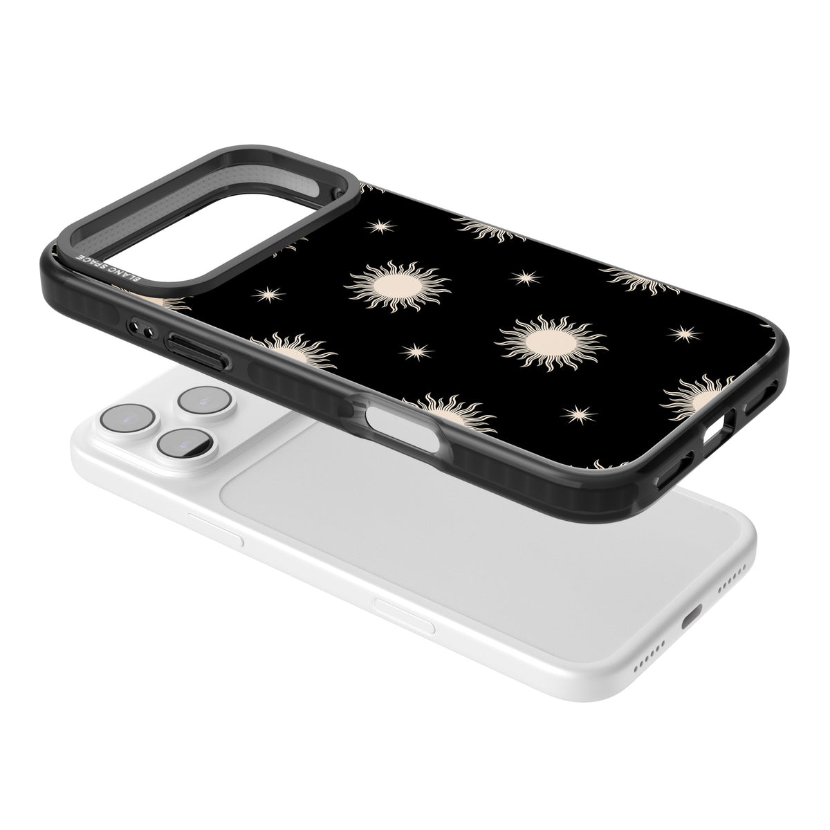 Celestial Patterns Classic Suns (Black) iPhone 17 Pro Max Impact Black Phone Case angled