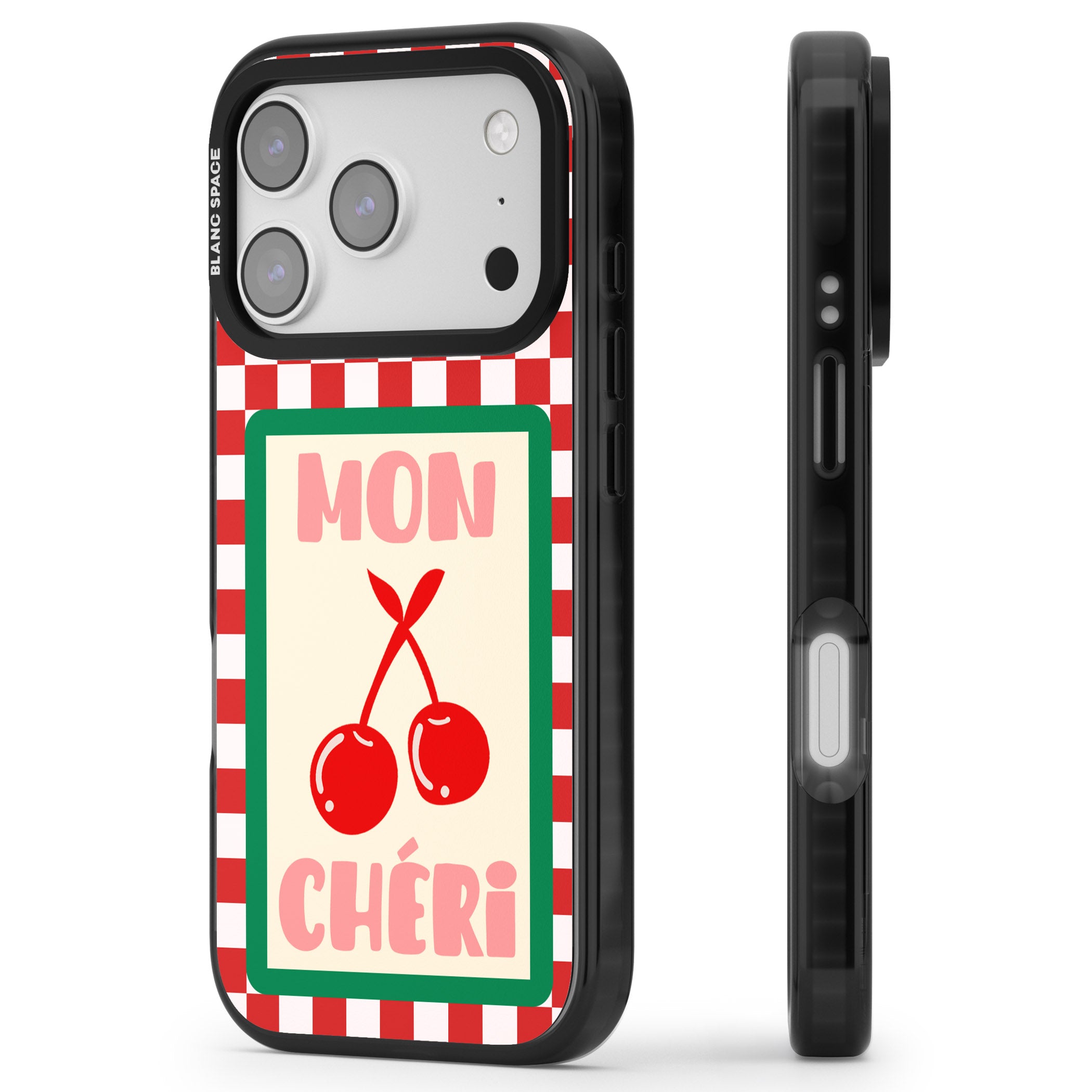 Mon Cheri iPhone 17 Pro Impact Black Phone Case Side Profile