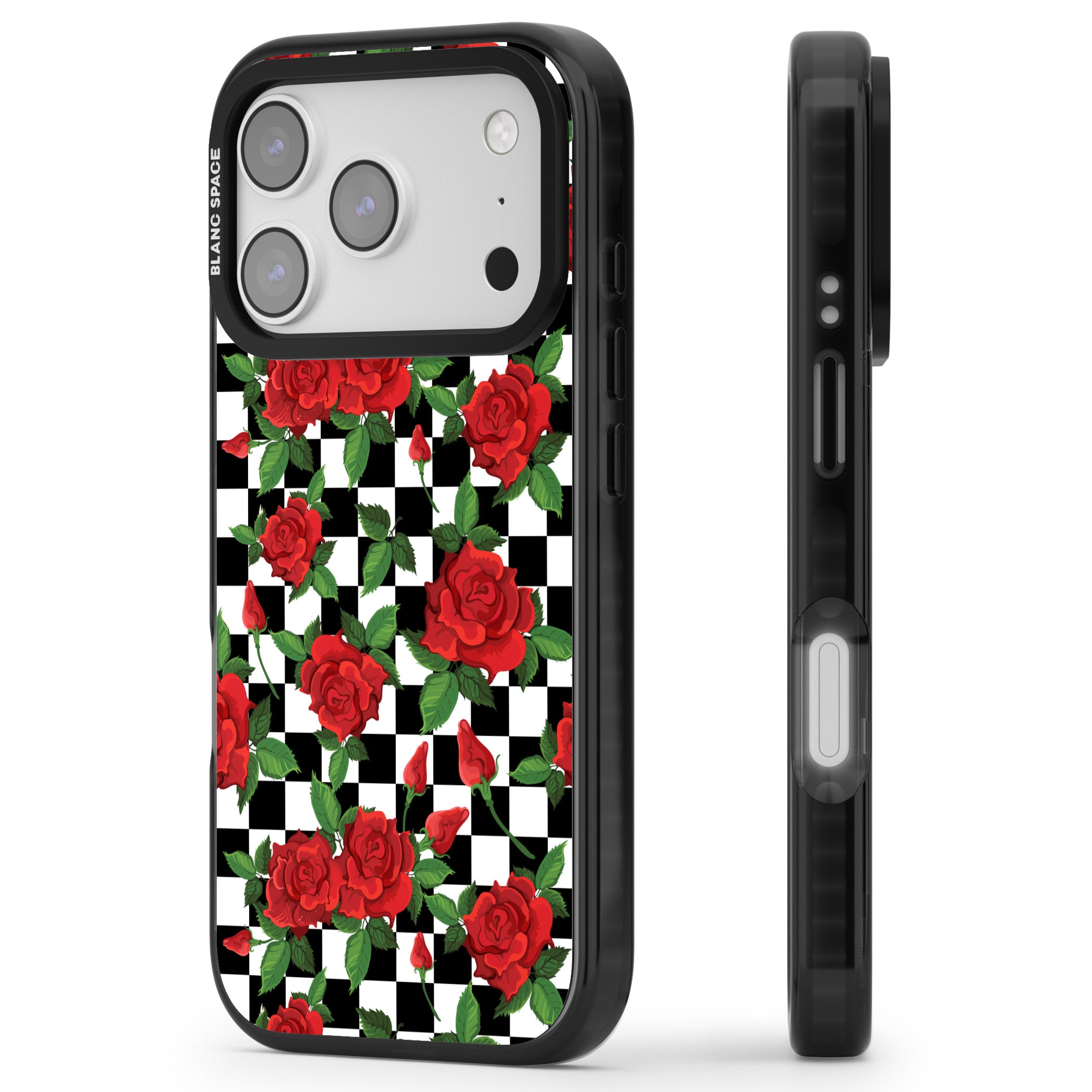 Checkered Roses iPhone 17 Pro Impact Black Phone Case Side Profile