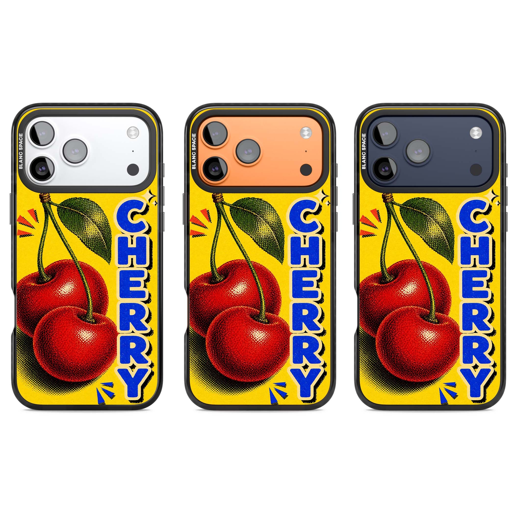 Cherry Yellow y2k iPhone case featuring two red cherries, halftone shading and bold blue CHERRY lettering on yellow | Clear Impact case for iPhone 17 Pro, iPhone 17 Pro Max
