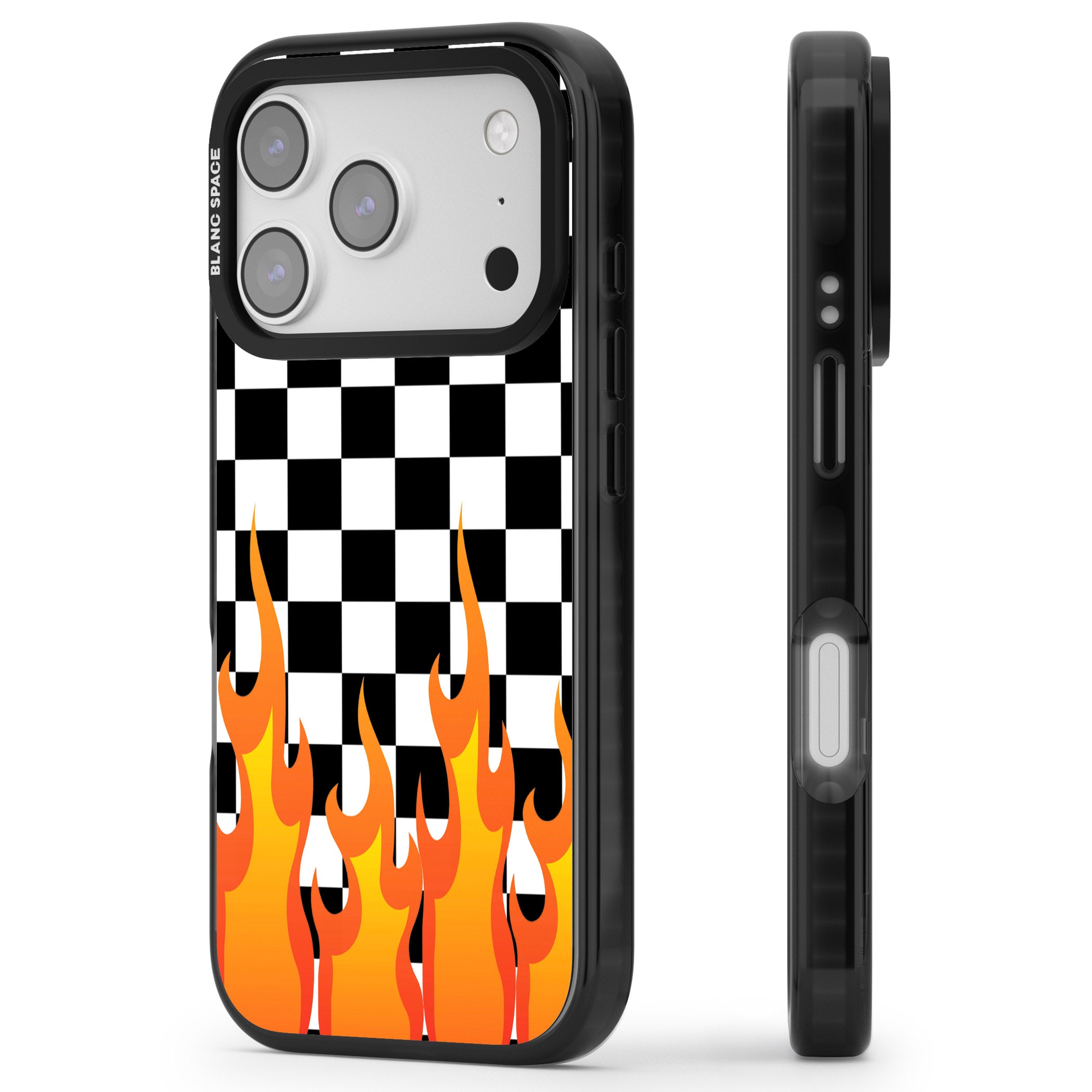 Checkered Fire iPhone 17 Pro Impact Black Phone Case Side Profile
