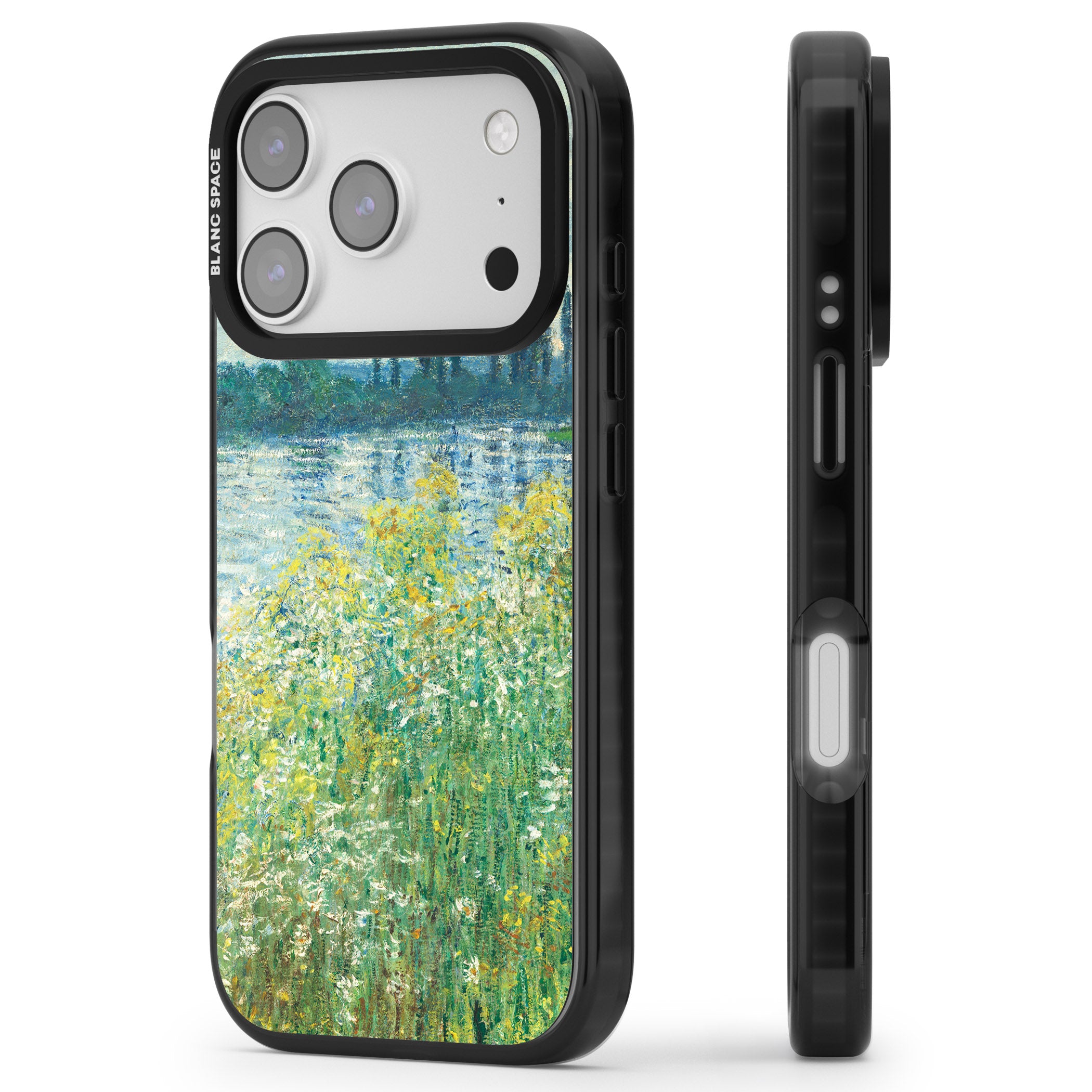 Banks Of The Seine By Claude Monet iPhone 17 Pro Impact Black Phone Case Side Profile