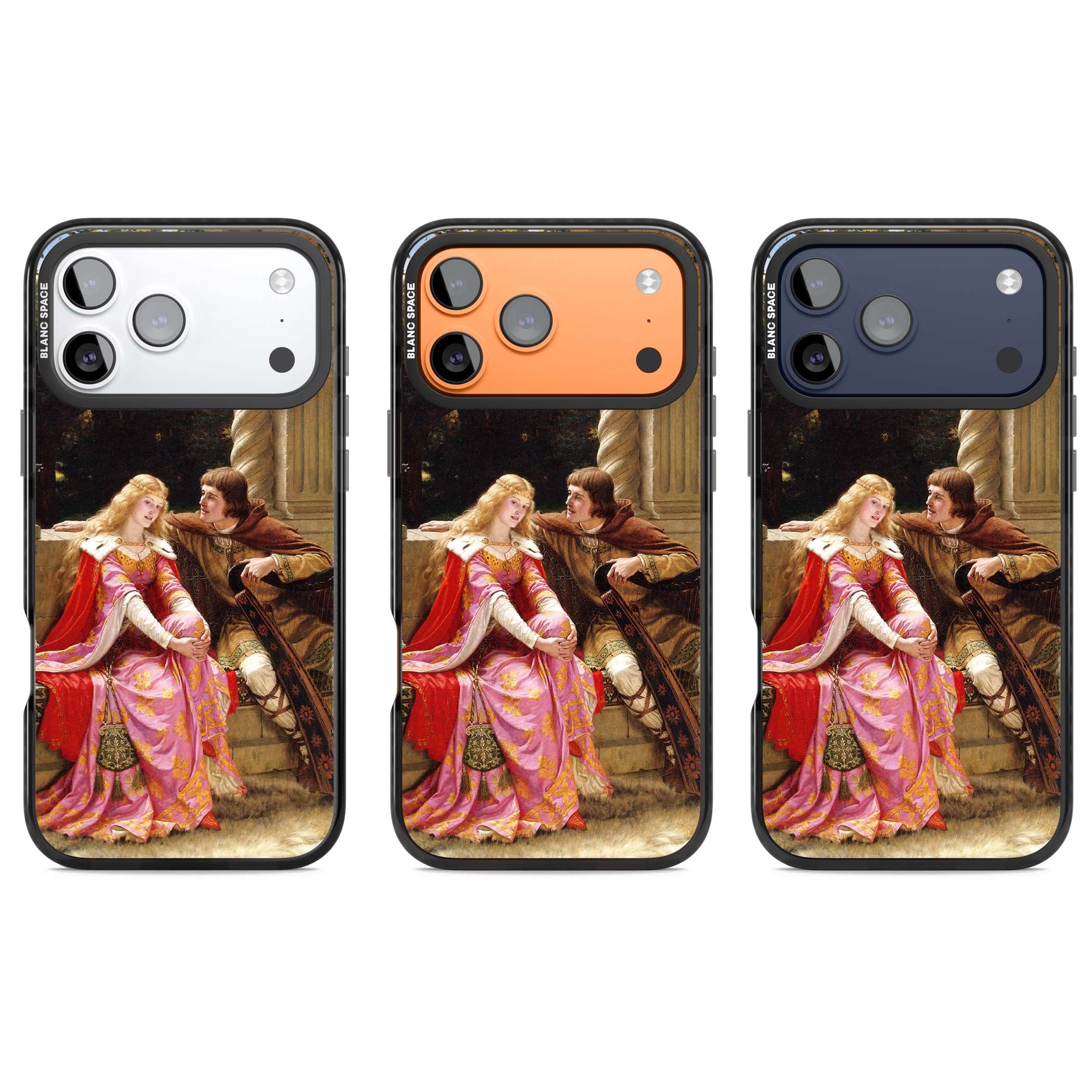 The End of the Song classic art iPhone case featuring a medieval lady in pink gown and her knight in a stone archway | Clear Impact case for iPhone 17 Pro, iPhone 17 Pro Max