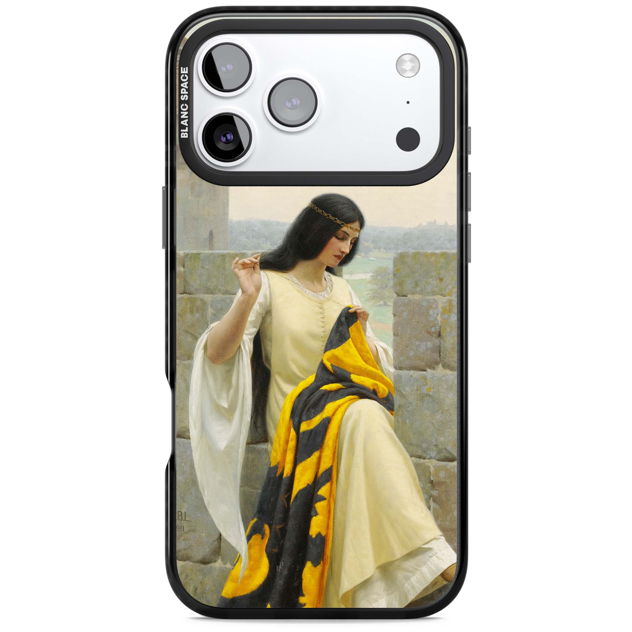 Stitching the Standard renaissance art iPhone case featuring a medieval lady sewing a golden banner on a castle wall | Clear Impact case for iPhone 17 Pro, iPhone 17 Pro Max