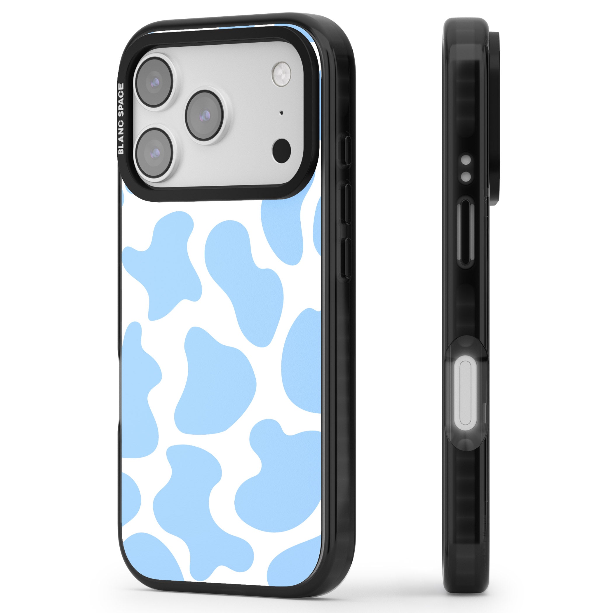 Blue And White Cow Print iPhone 17 Pro Impact Black Phone Case Side Profile