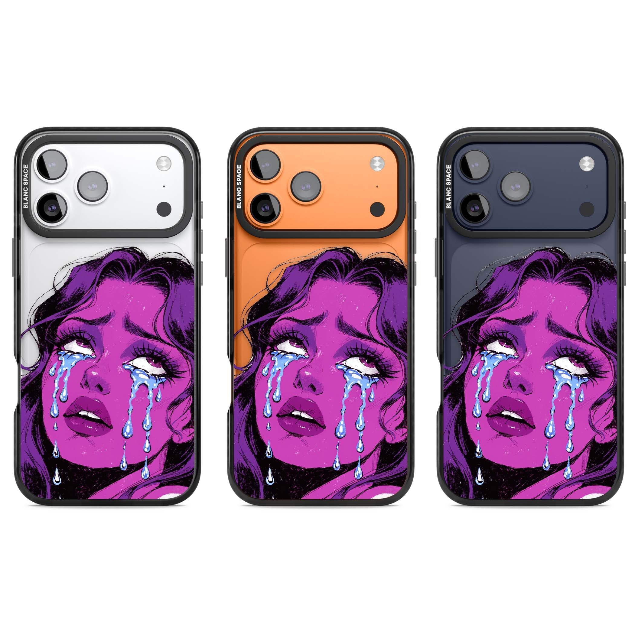 Drama Queen pop art iPhone case featuring a purple crying comic girl with blue tears | Clear Impact case for iPhone 17 Pro, iPhone 17 Pro Max