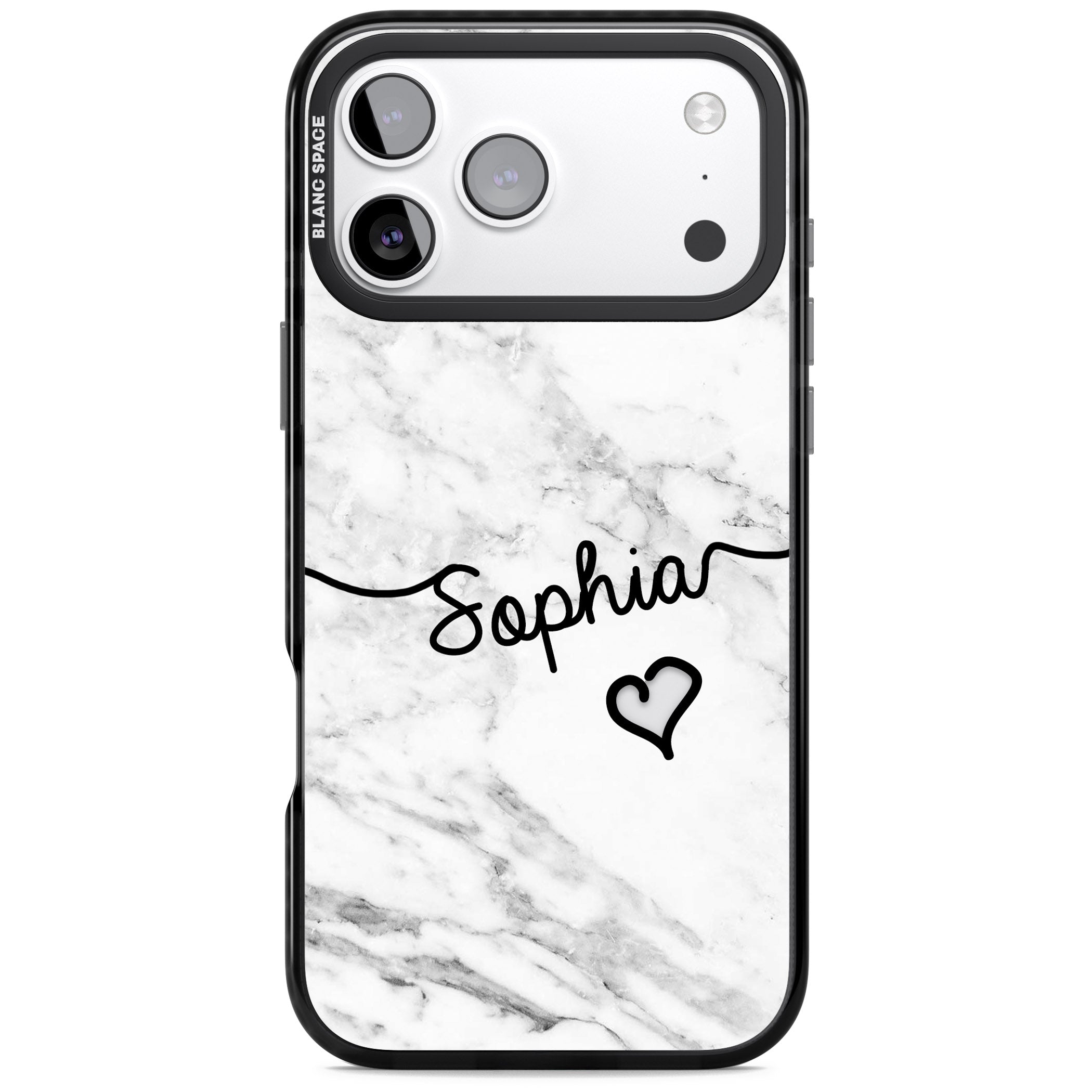 Personalised White Marble Heart iPhone 17 Pro Impact Black Phone Case