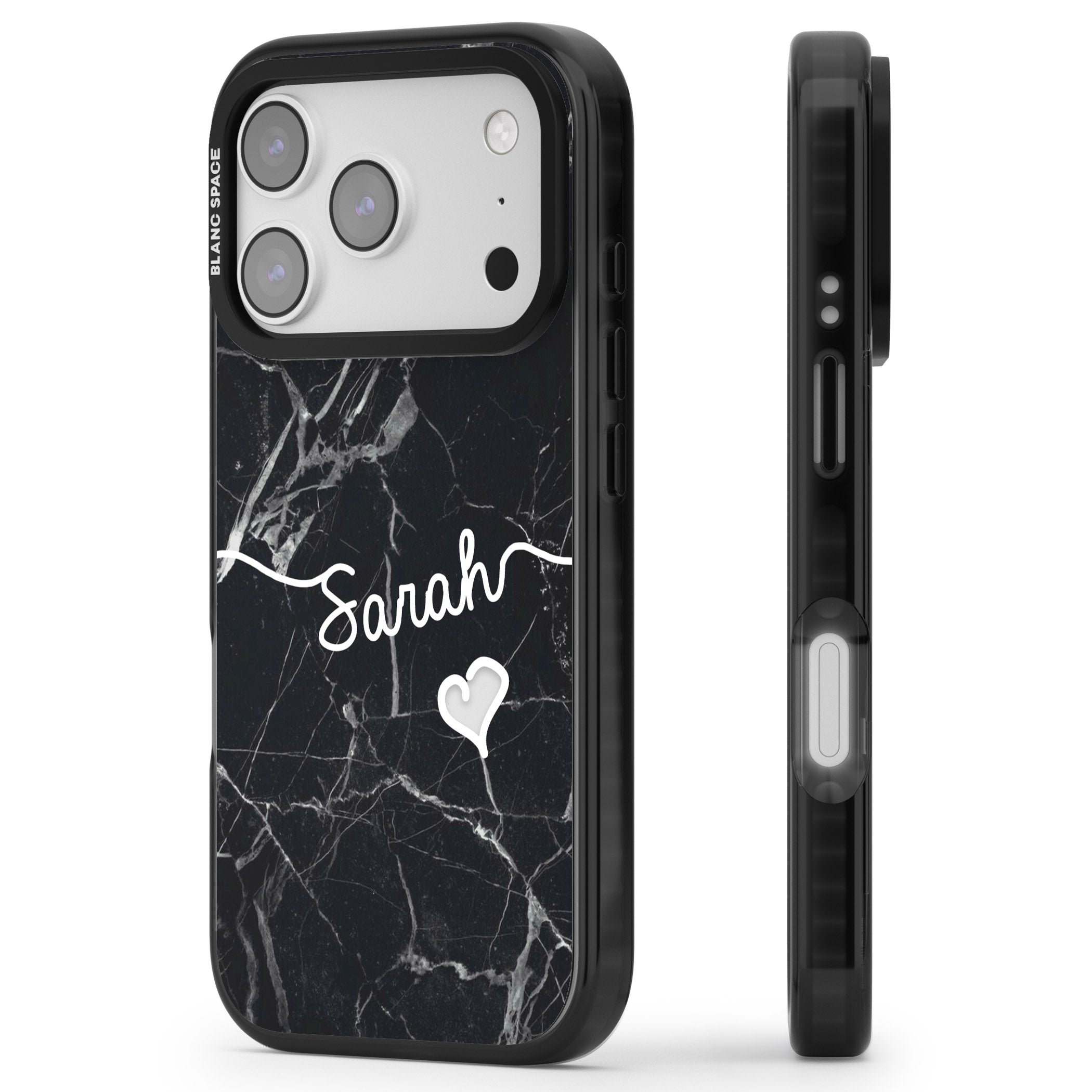 Personalised Black Marble Heart iPhone 17 Pro Impact Black Phone Case Side Profile