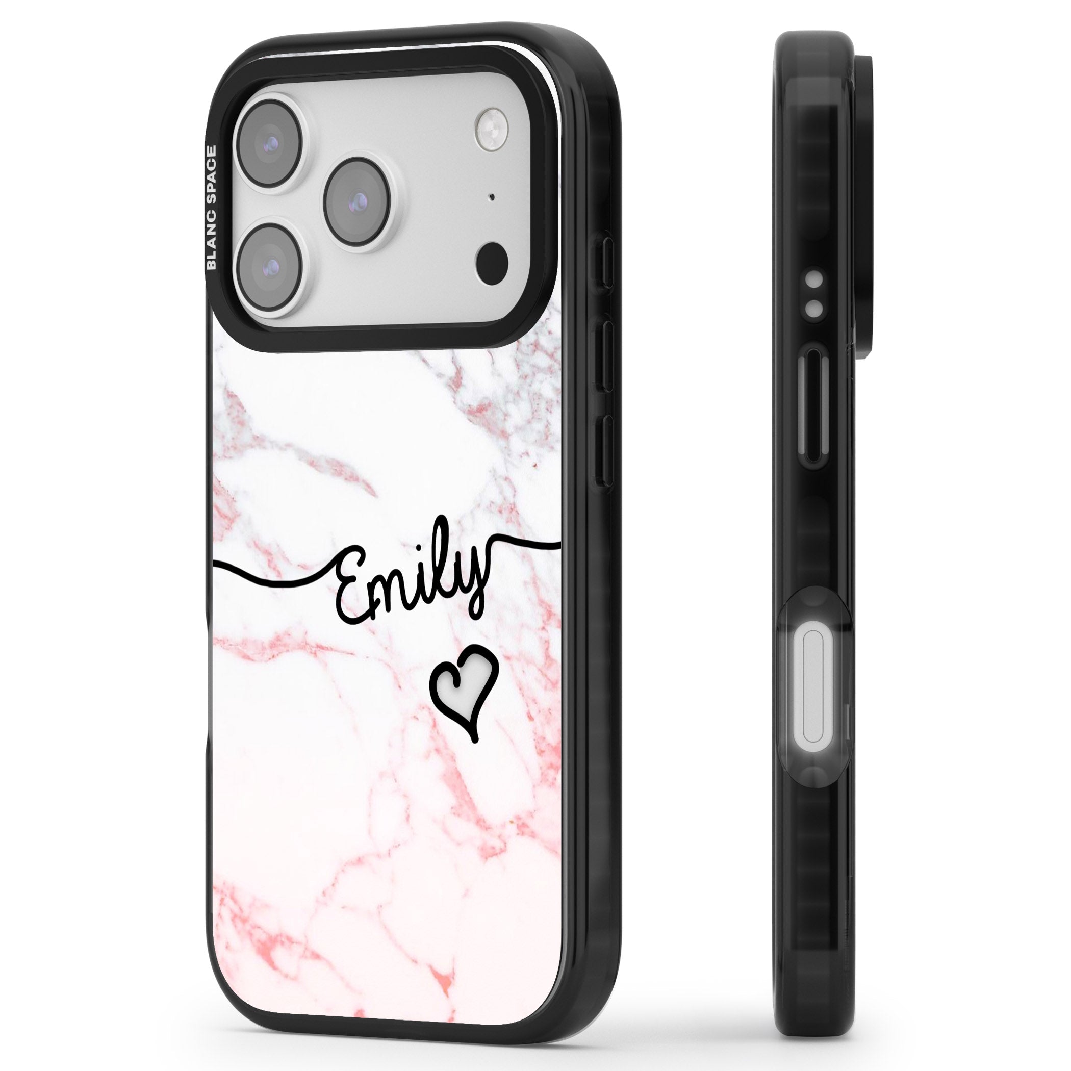 Personalised Pink Fade Marble Heart iPhone 17 Pro Impact Black Phone Case Side Profile