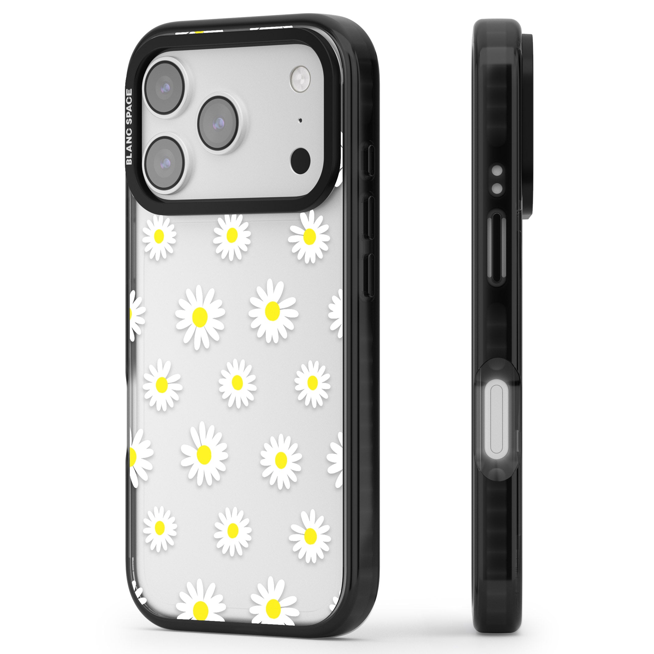 Personalised White Daisy Pattern iPhone 17 Pro Impact Black Phone Case Side Profile