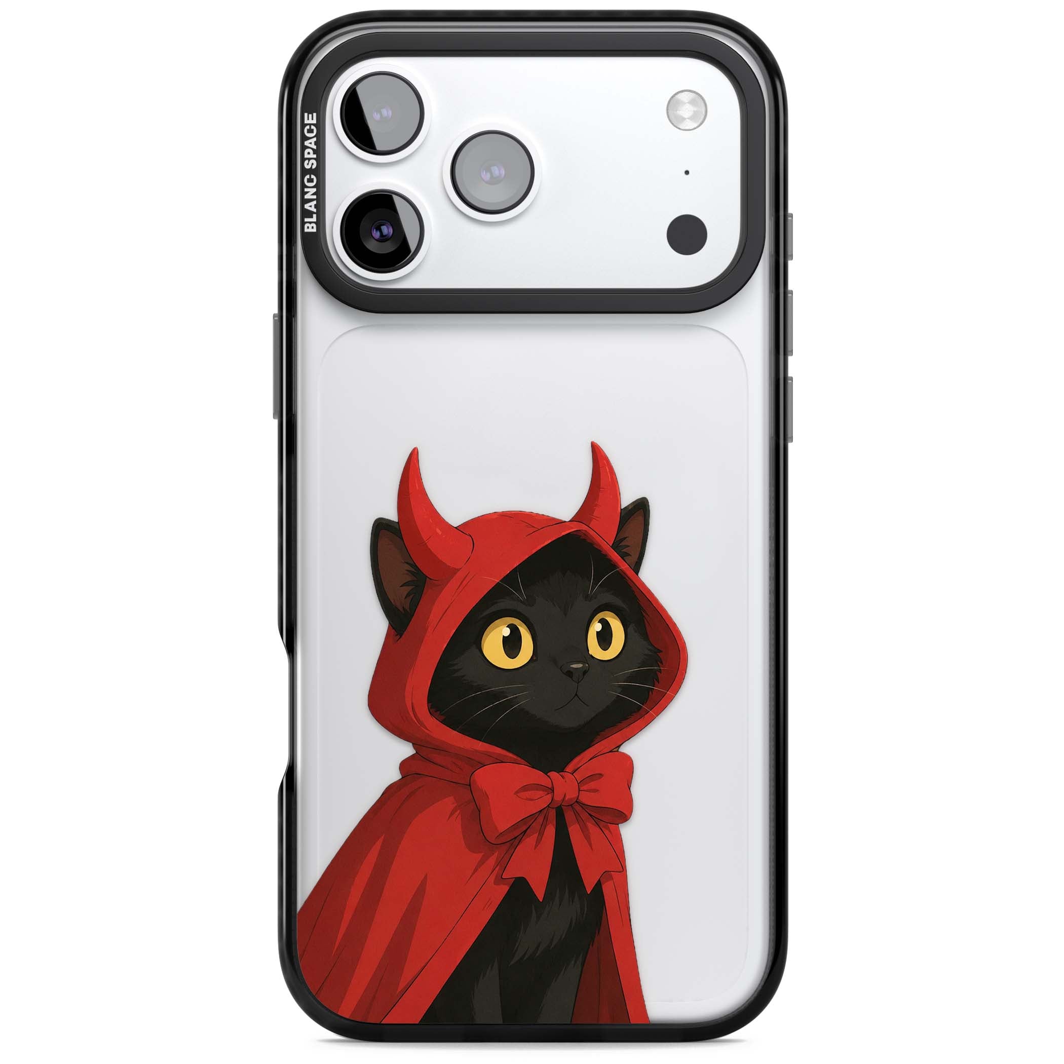 Little Devil halloween iPhone case featuring a black cat in a red hooded devil cloak with horns and golden eyes | Clear Impact case for iPhone 17 Pro, iPhone 17 Pro Max