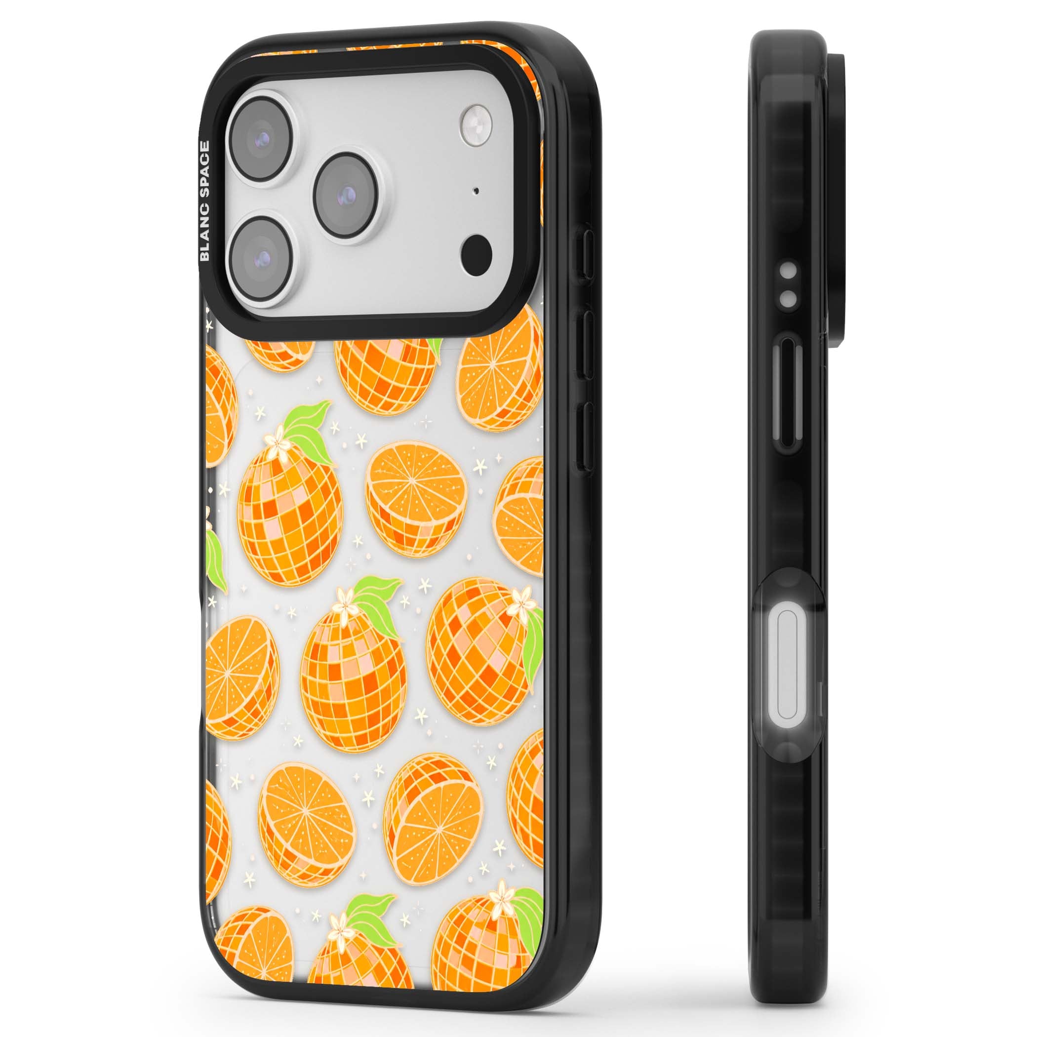 Disco Oranges retro iPhone case featuring mirrorball oranges, citrus slices and tiny blossoms on clear | Clear Impact case for iPhone 17 Pro, iPhone 17 Pro Max