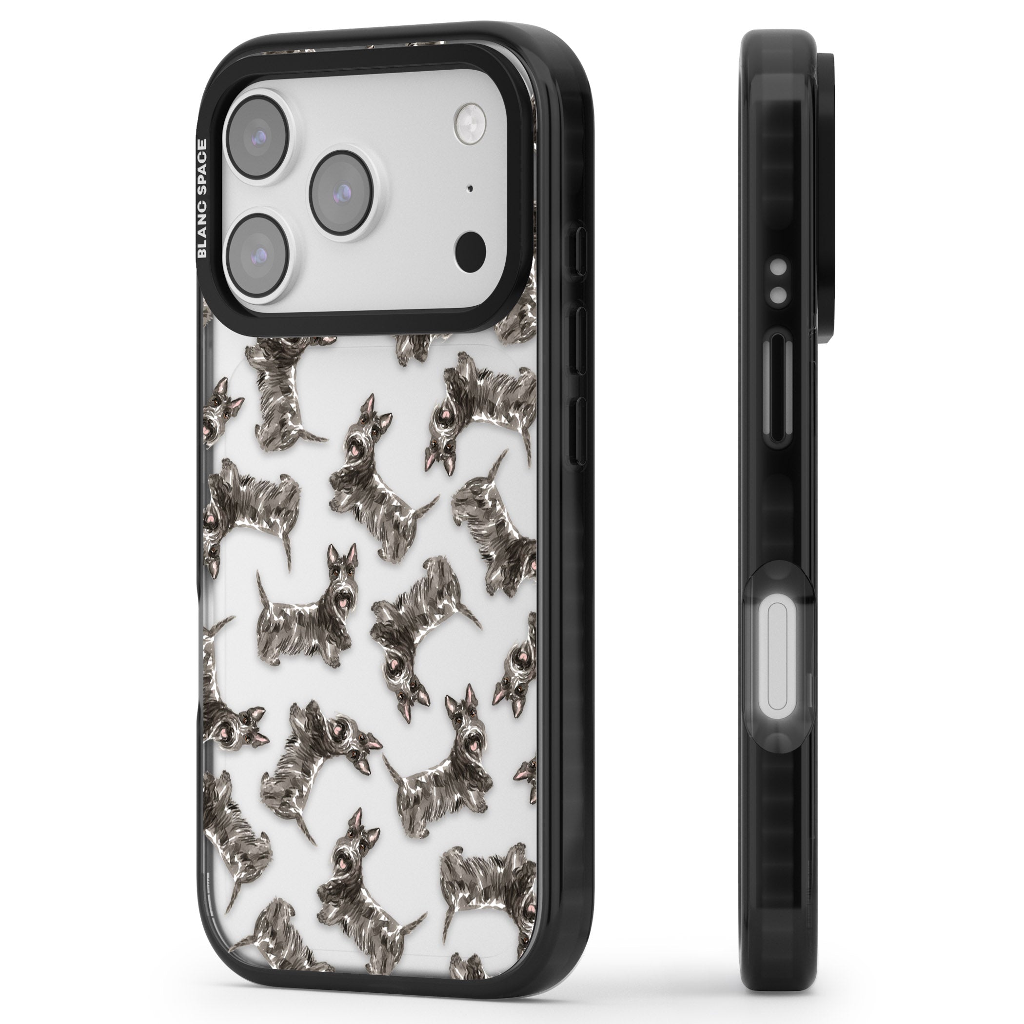 Scottish Terrier Pattern iPhone 17 Pro Impact Black Phone Case Side Profile