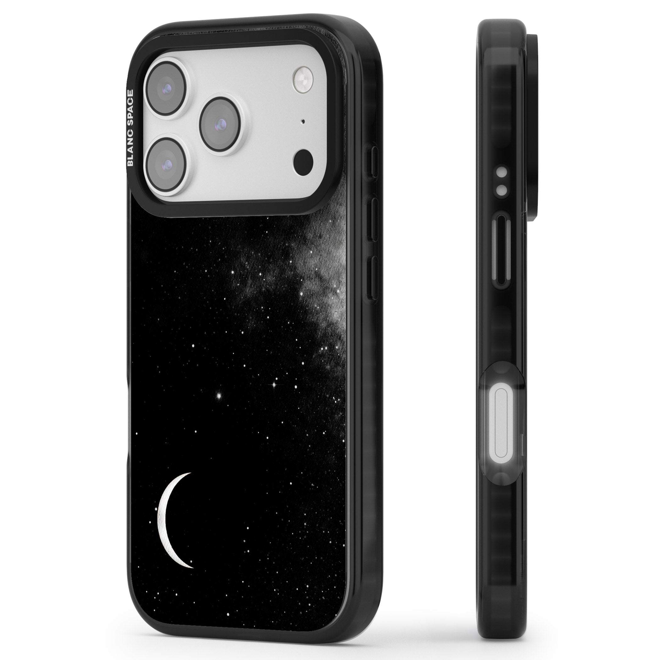 Night Sky Galaxies: Crescent Moon iPhone 17 Pro Impact Black Phone Case Side Profile