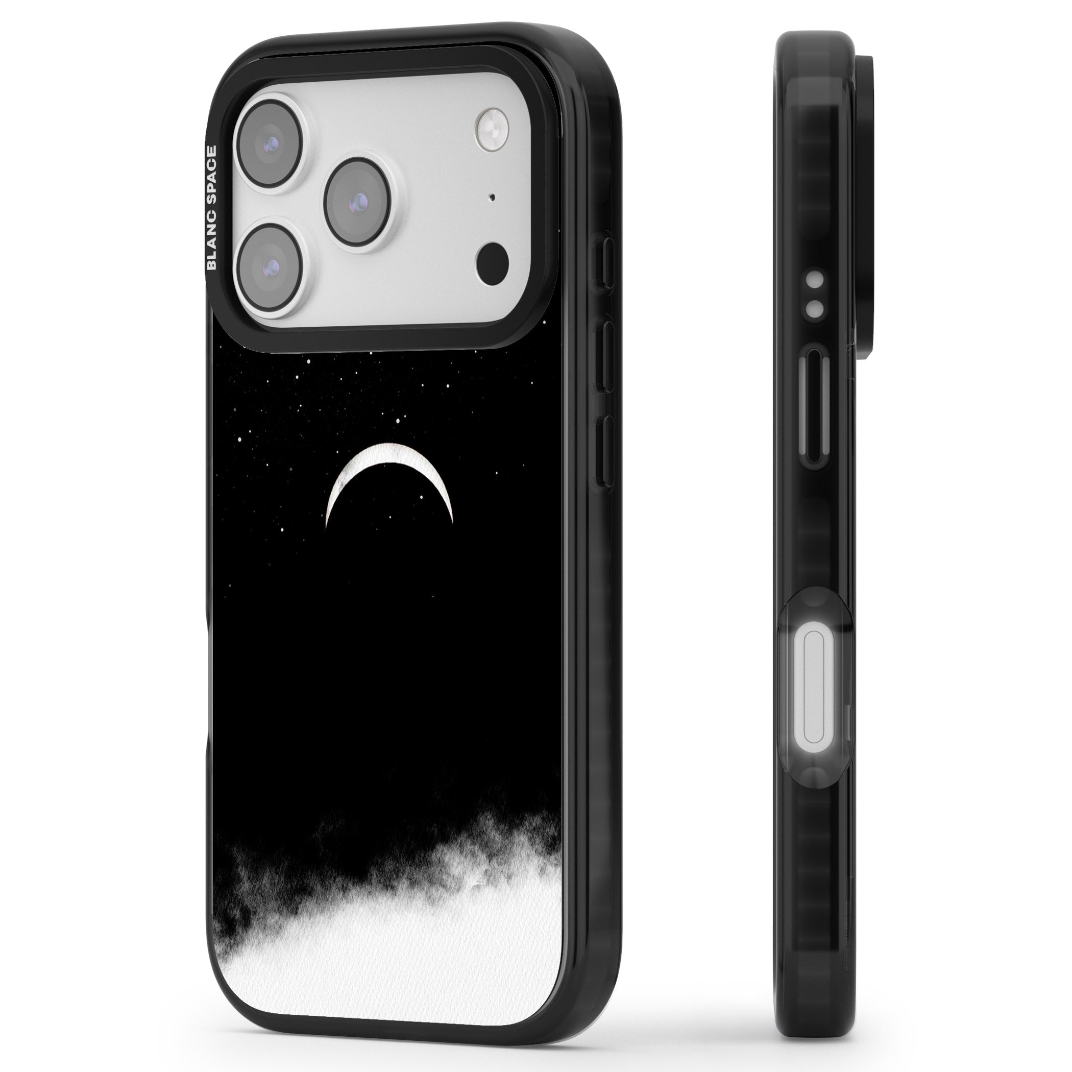 Crescent Moon Night Sky iPhone 17 Pro Impact Black Phone Case Side Profile
