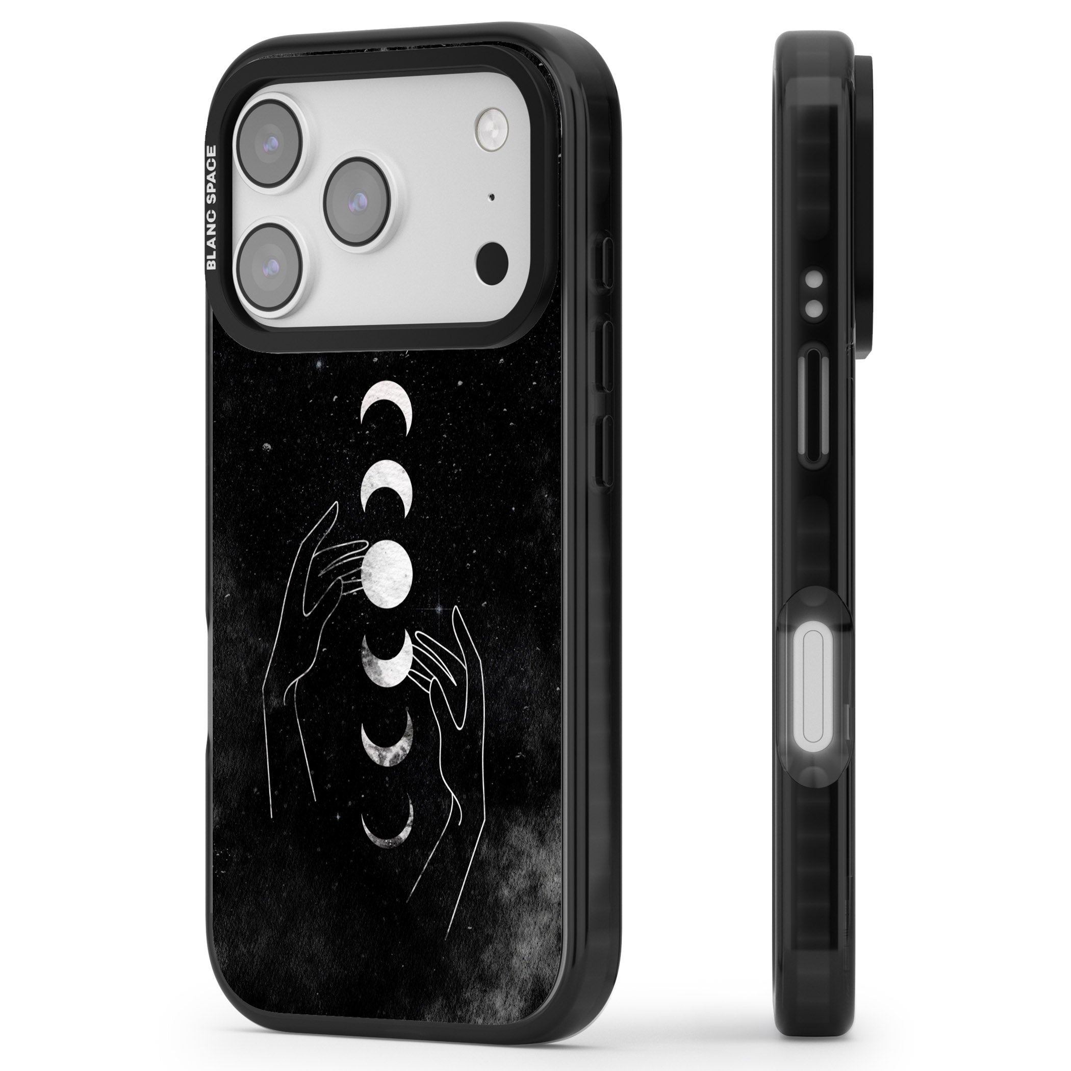 Moon Phases Hands iPhone 17 Pro Impact Black Phone Case Side Profile