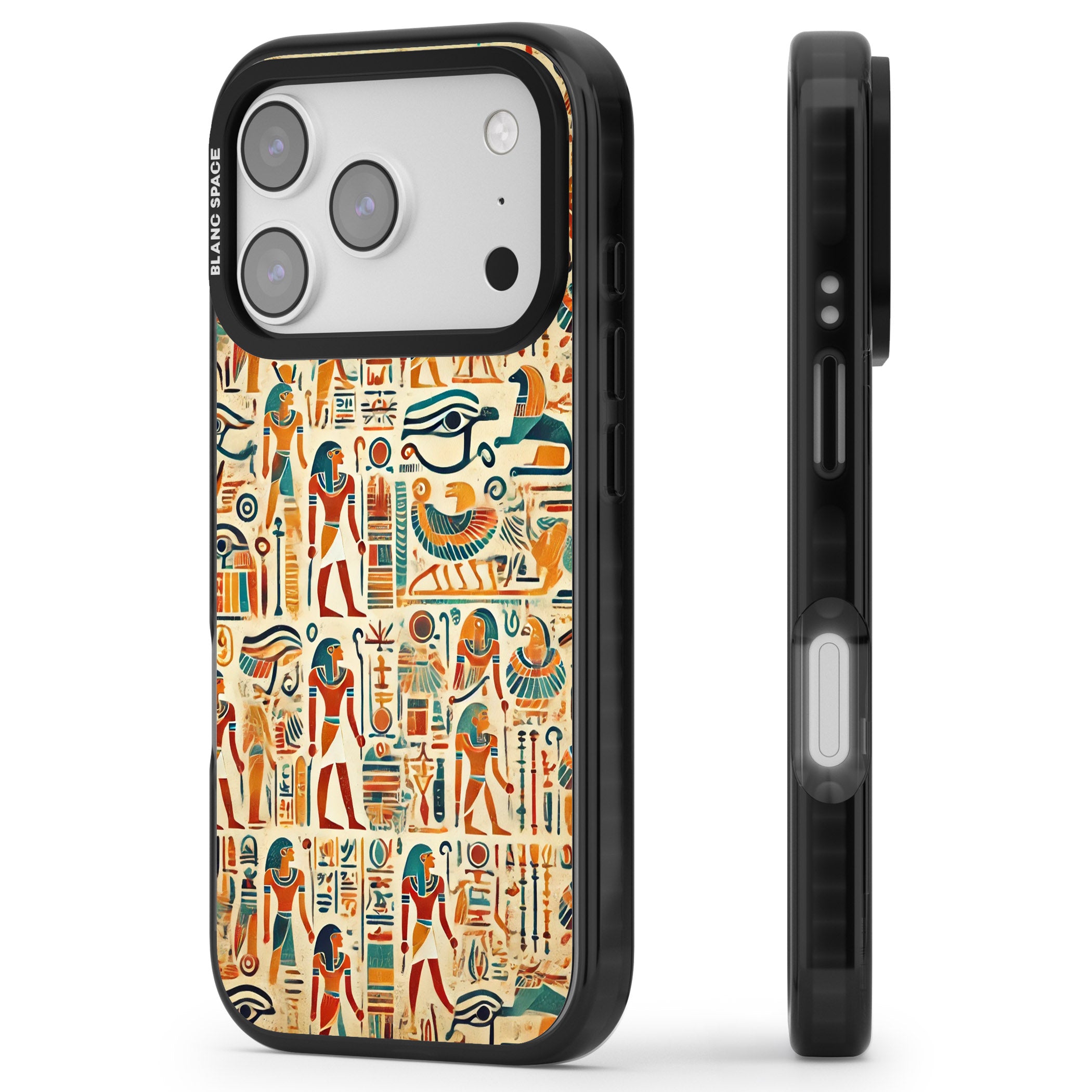 Egyptian Heiroglyphics iPhone 17 Pro Impact Black Phone Case Side Profile