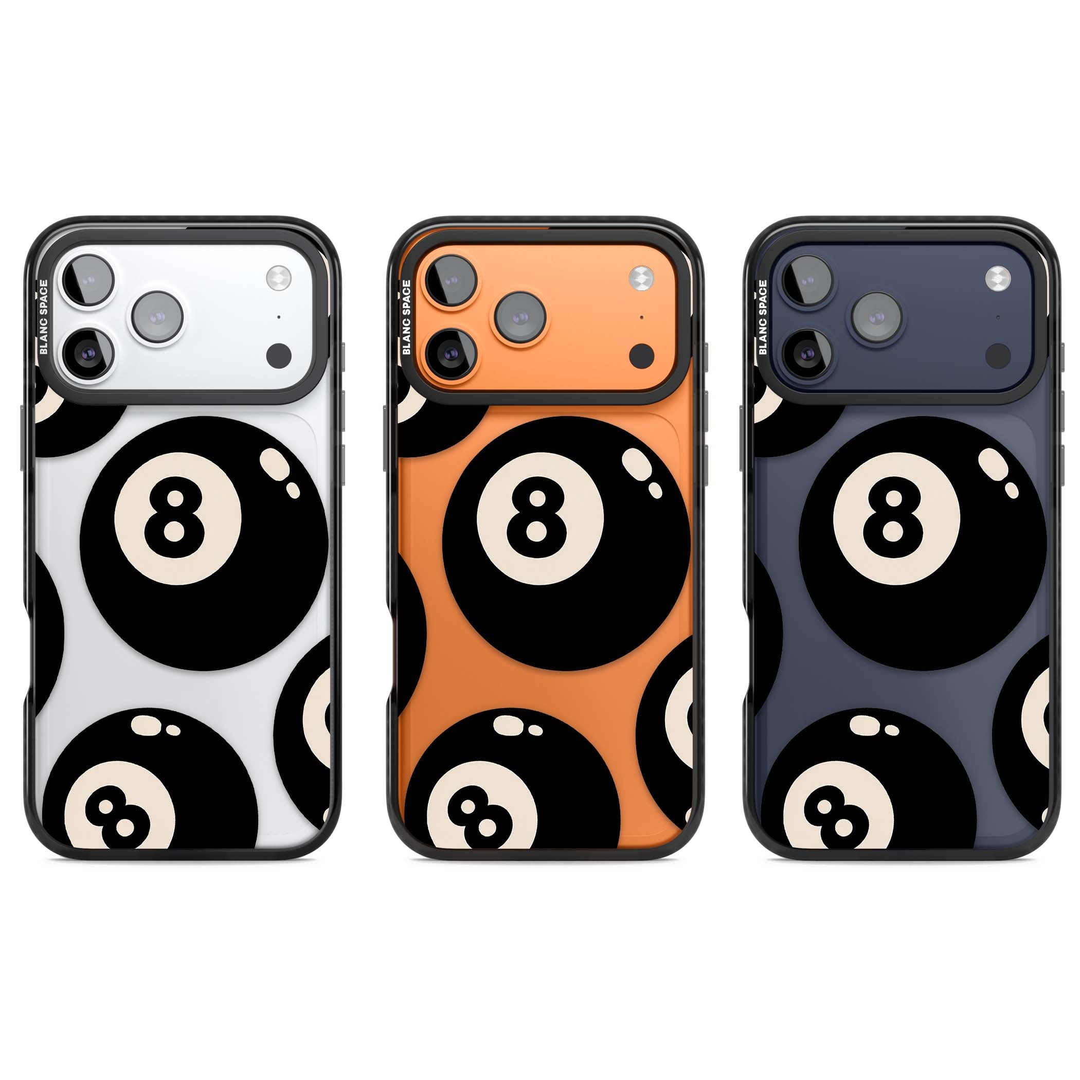 Eights y2k iPhone case featuring scattered black 8 balls with cream highlights on a clear background | Clear Impact case for iPhone 17 Pro, iPhone 17 Pro Max