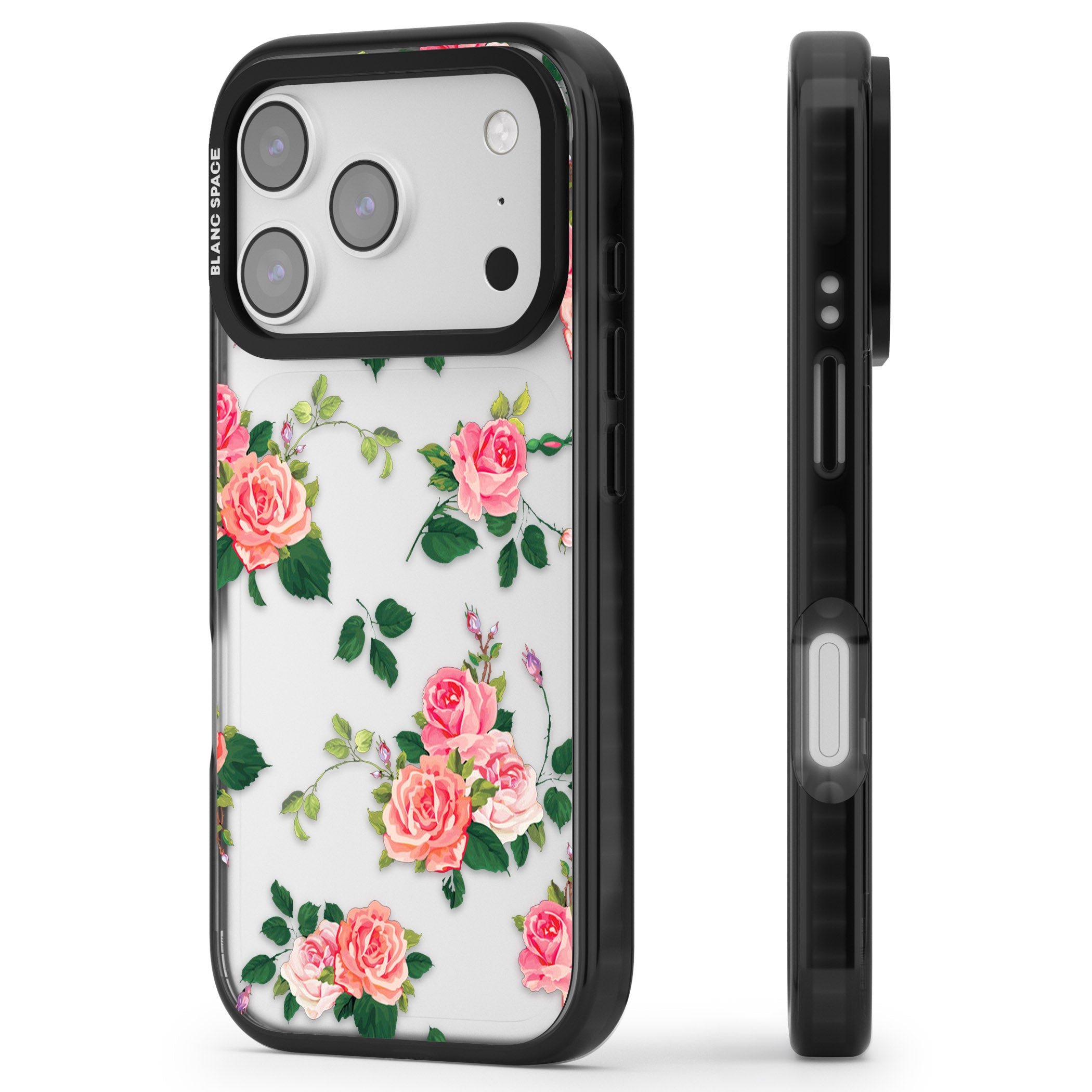Pink Roses iPhone 17 Pro Impact Black Phone Case Side Profile