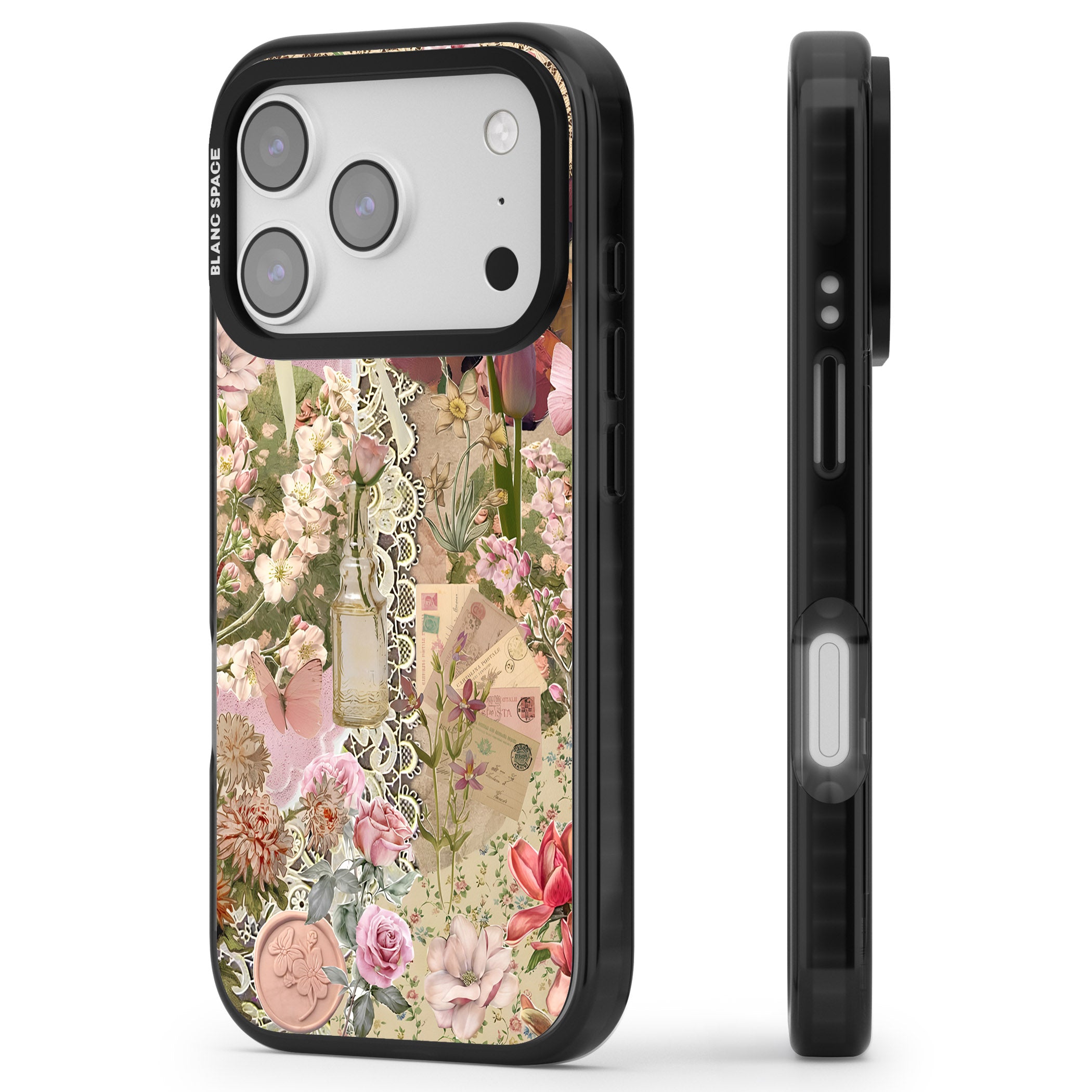 Soft Pink Flower Collage iPhone 17 Pro Impact Black Phone Case Side Profile
