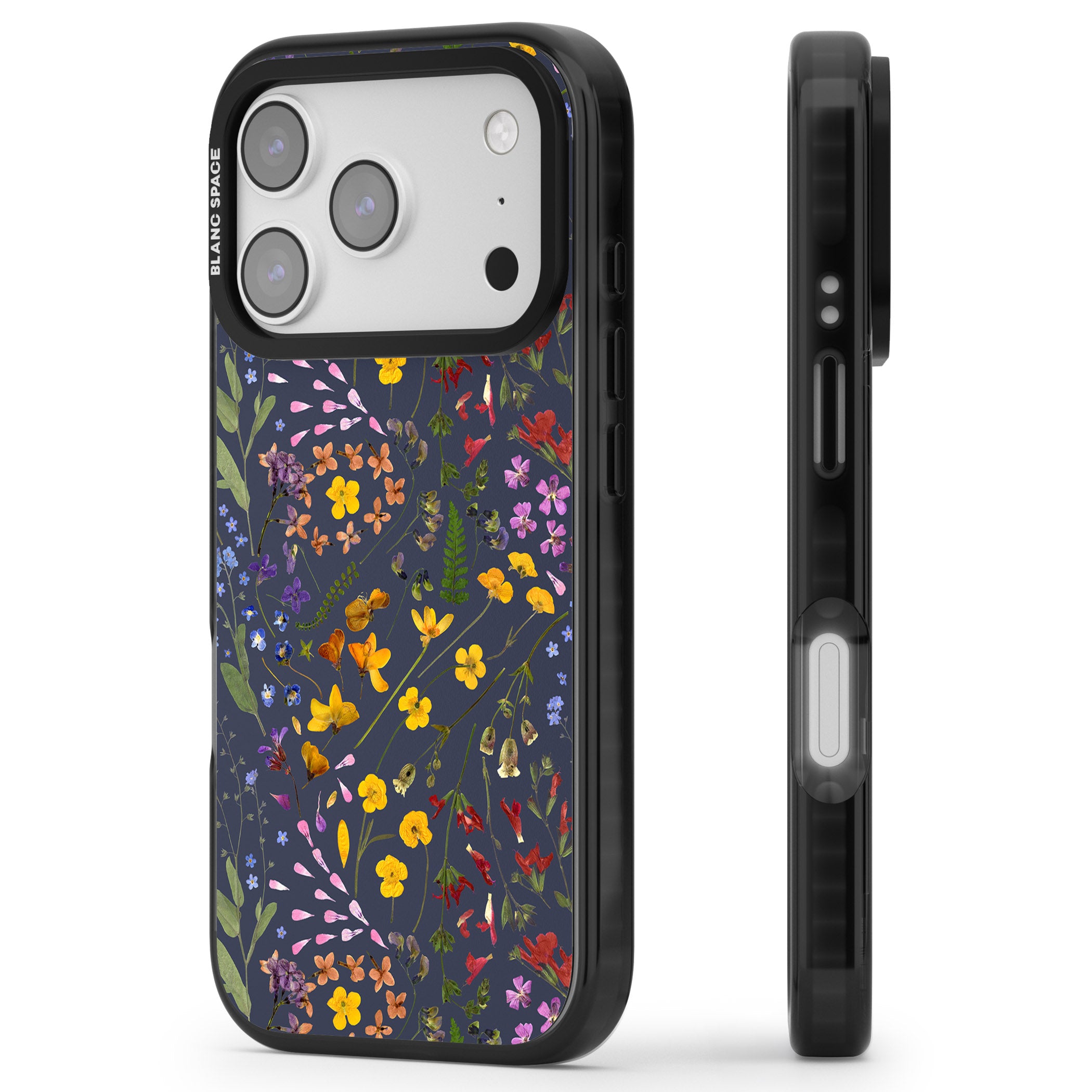 Wildflower Leaves Cluster Navy iPhone 17 Pro Impact Black Phone Case Side Profile