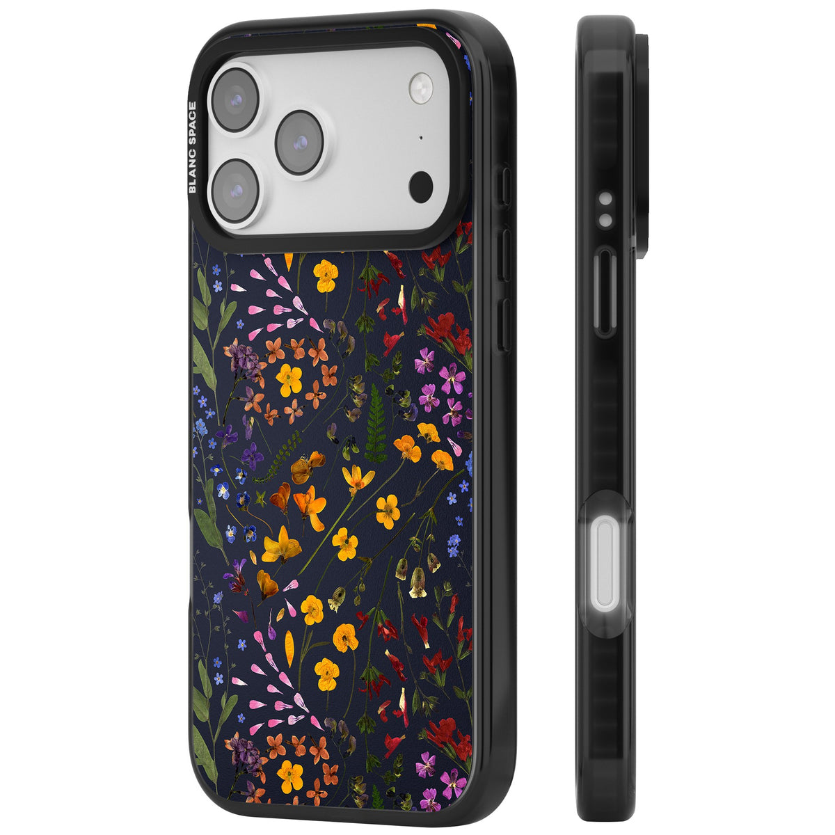Wildflowers & Leaves In Navy iPhone 17 Pro Max Impact Black Phone Case side