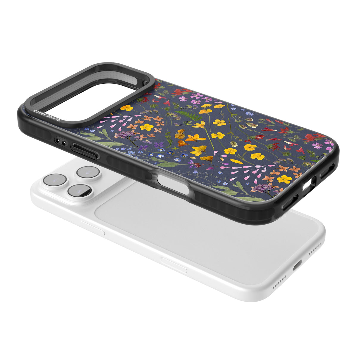 Wildflowers & Leaves In Navy iPhone 17 Pro Max Impact Black Phone Case angled