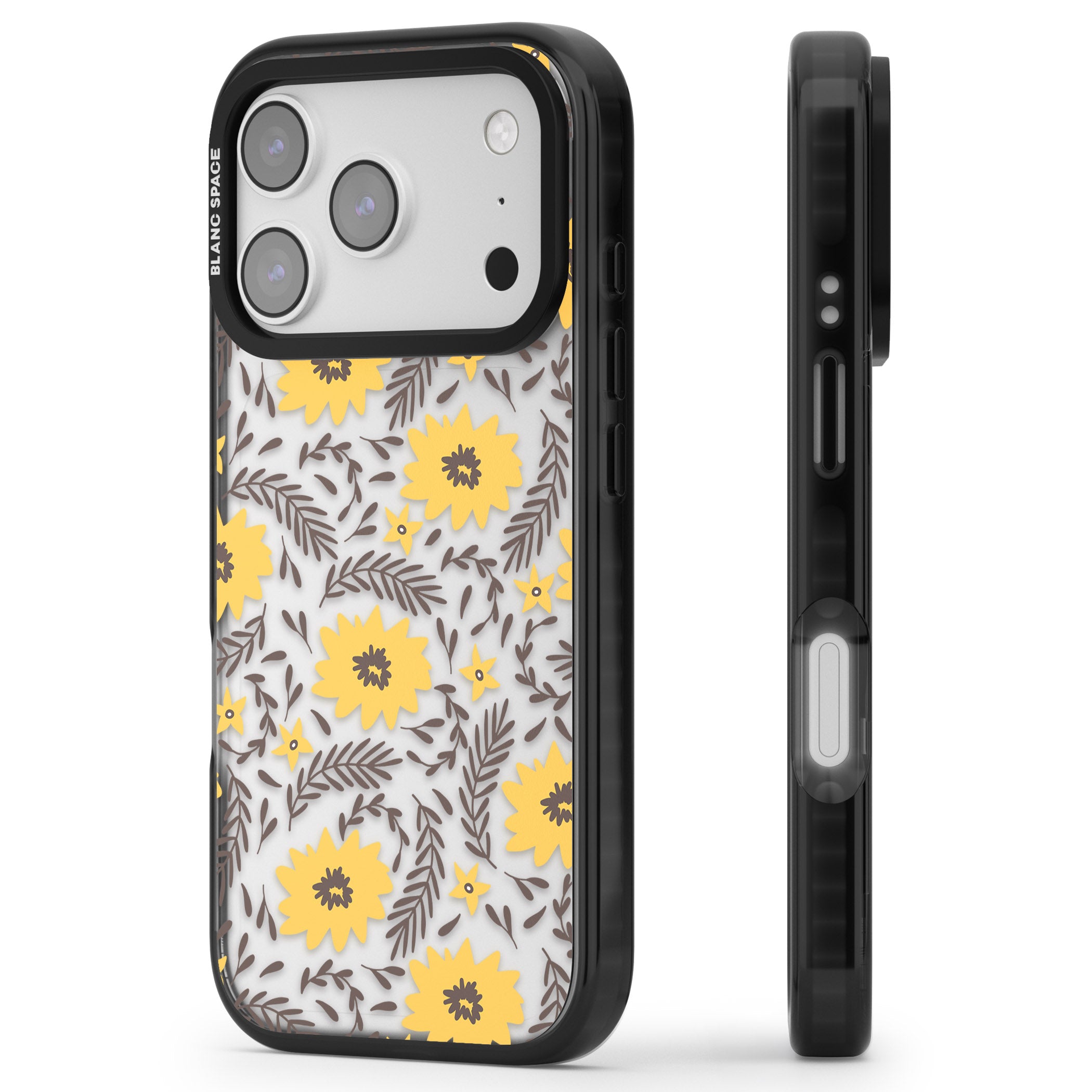 Yellow Blossoms Floral iPhone 17 Pro Impact Black Phone Case Side Profile