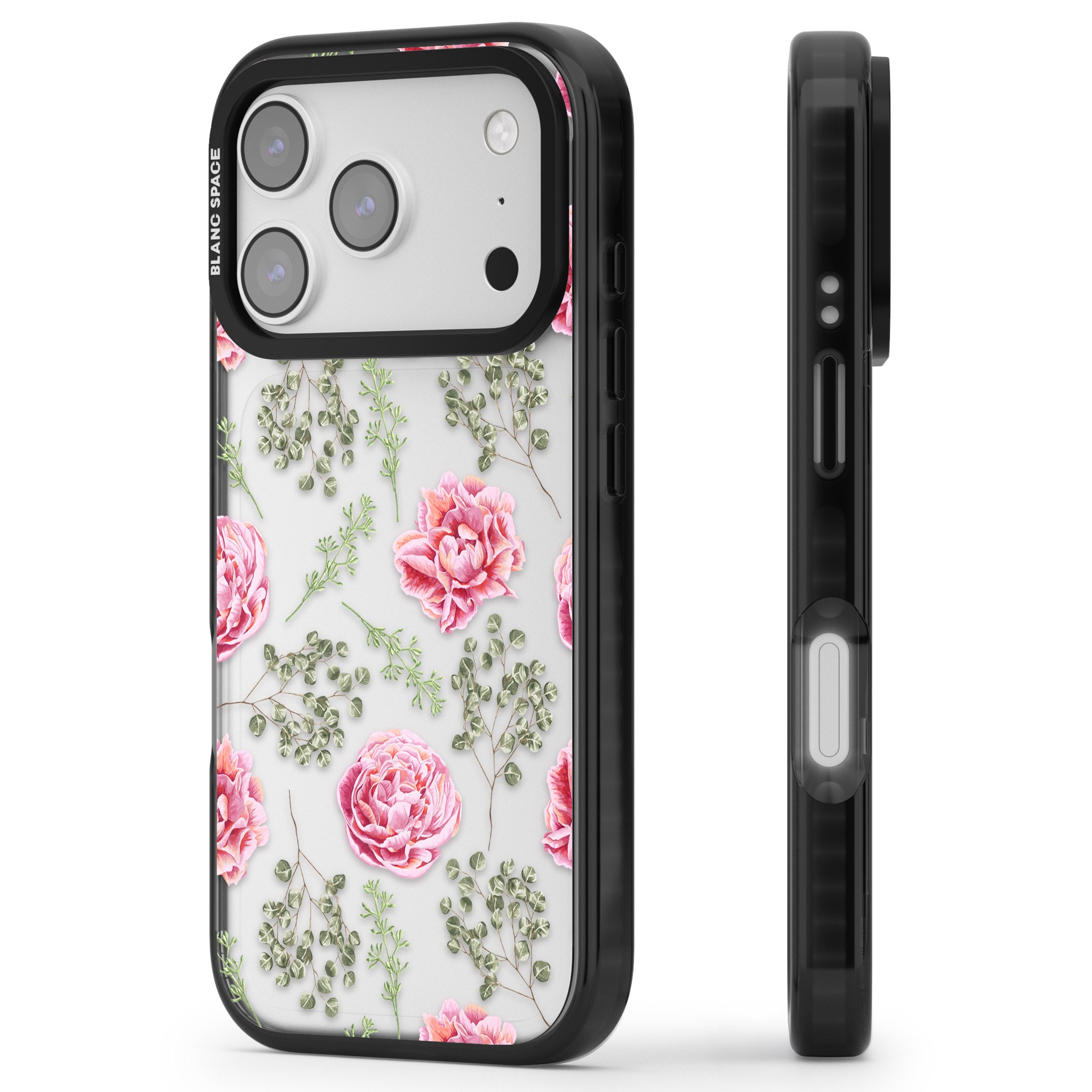 Roses & Eucalyptus Floral iPhone 17 Pro Impact Black Phone Case Side Profile