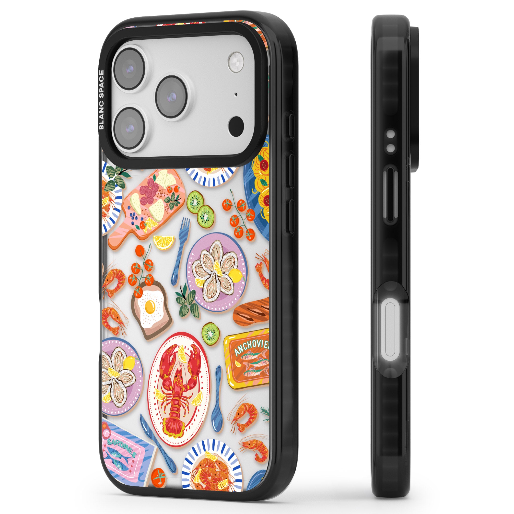 Seafood Pattern iPhone 17 Pro Impact Black Phone Case Side Profile