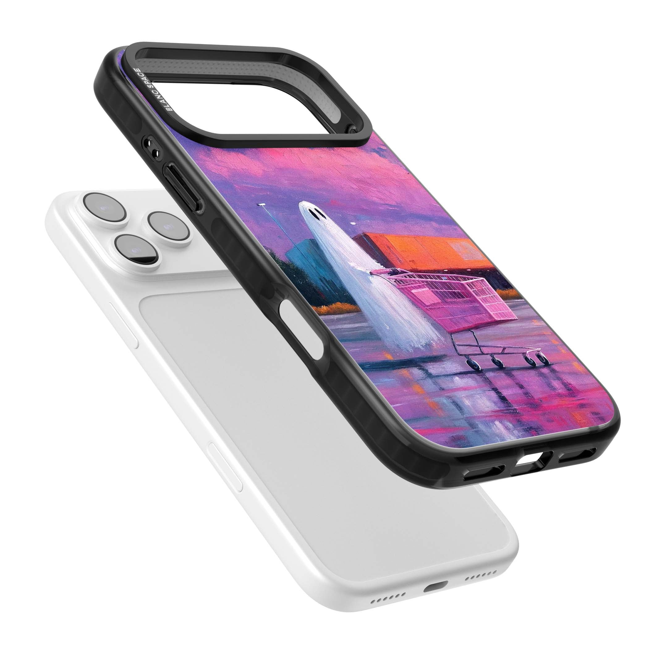A Ghost's Errand ghost halloween iPhone case featuring a painted ghost, pink shopping trolley and purple sunset sky | Clear Impact case for iPhone 17 Pro, iPhone 17 Pro Max
