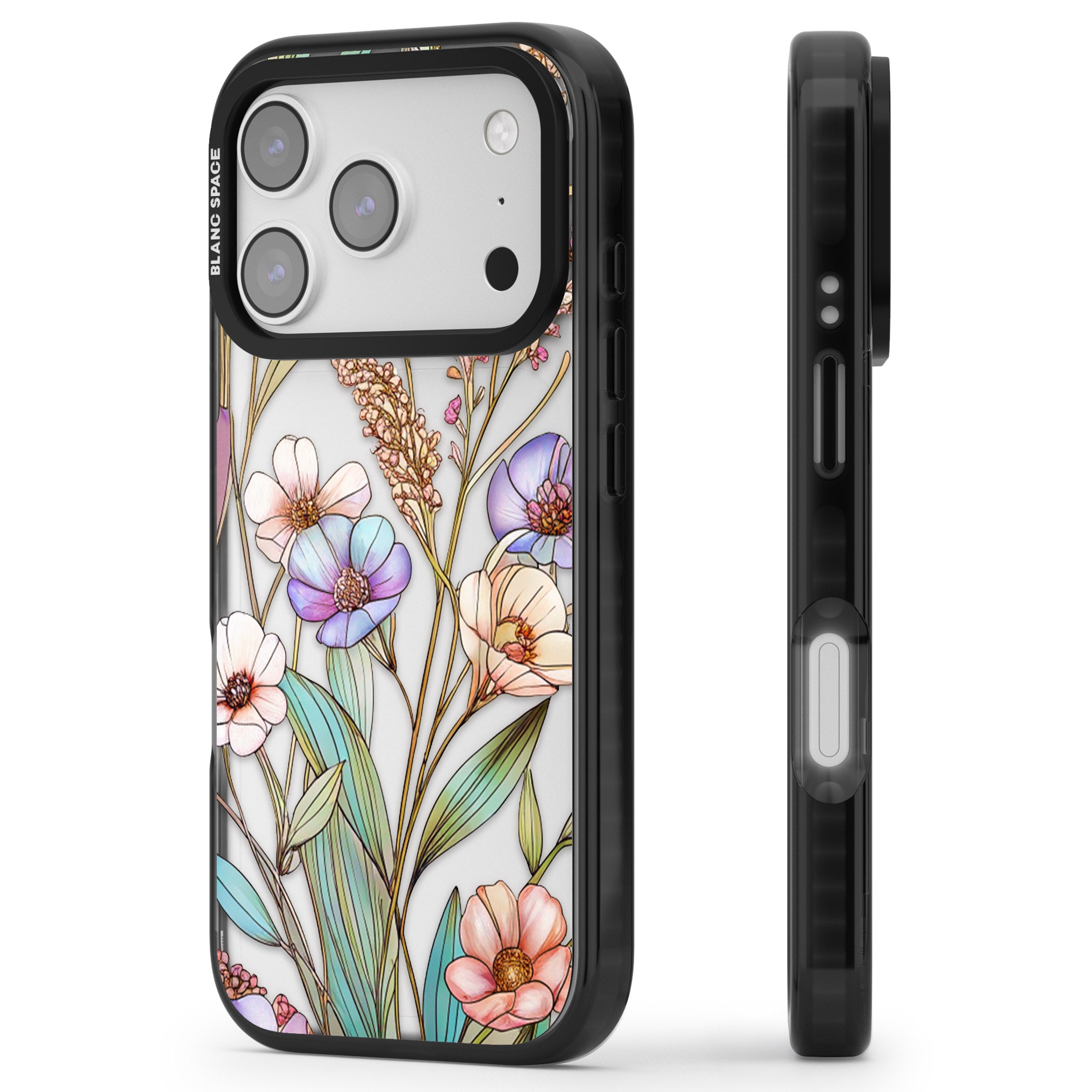 Glass Summer Flowers iPhone 17 Pro Impact Black Phone Case Side Profile