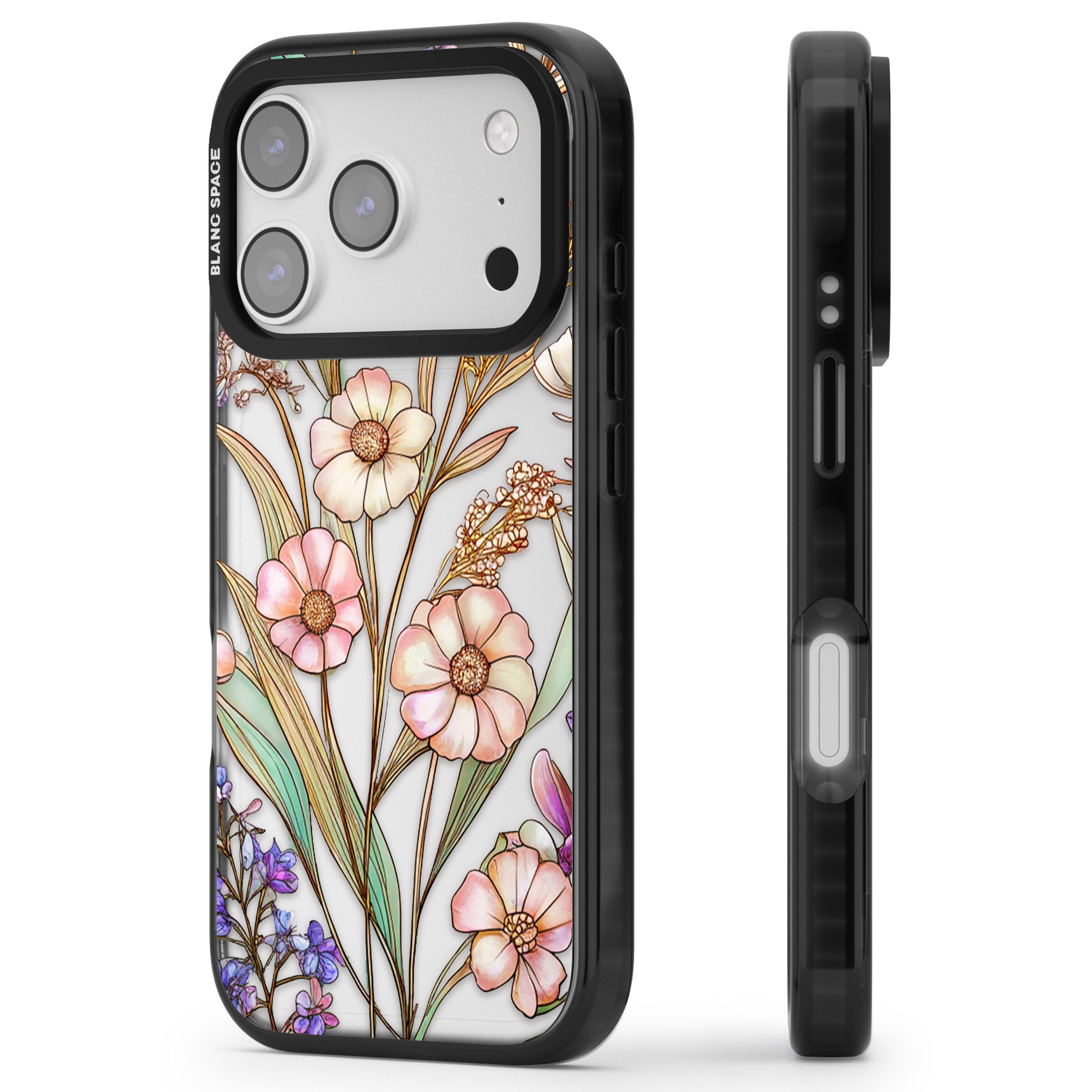 Glass Spring Flowers iPhone 17 Pro Impact Black Phone Case Side Profile