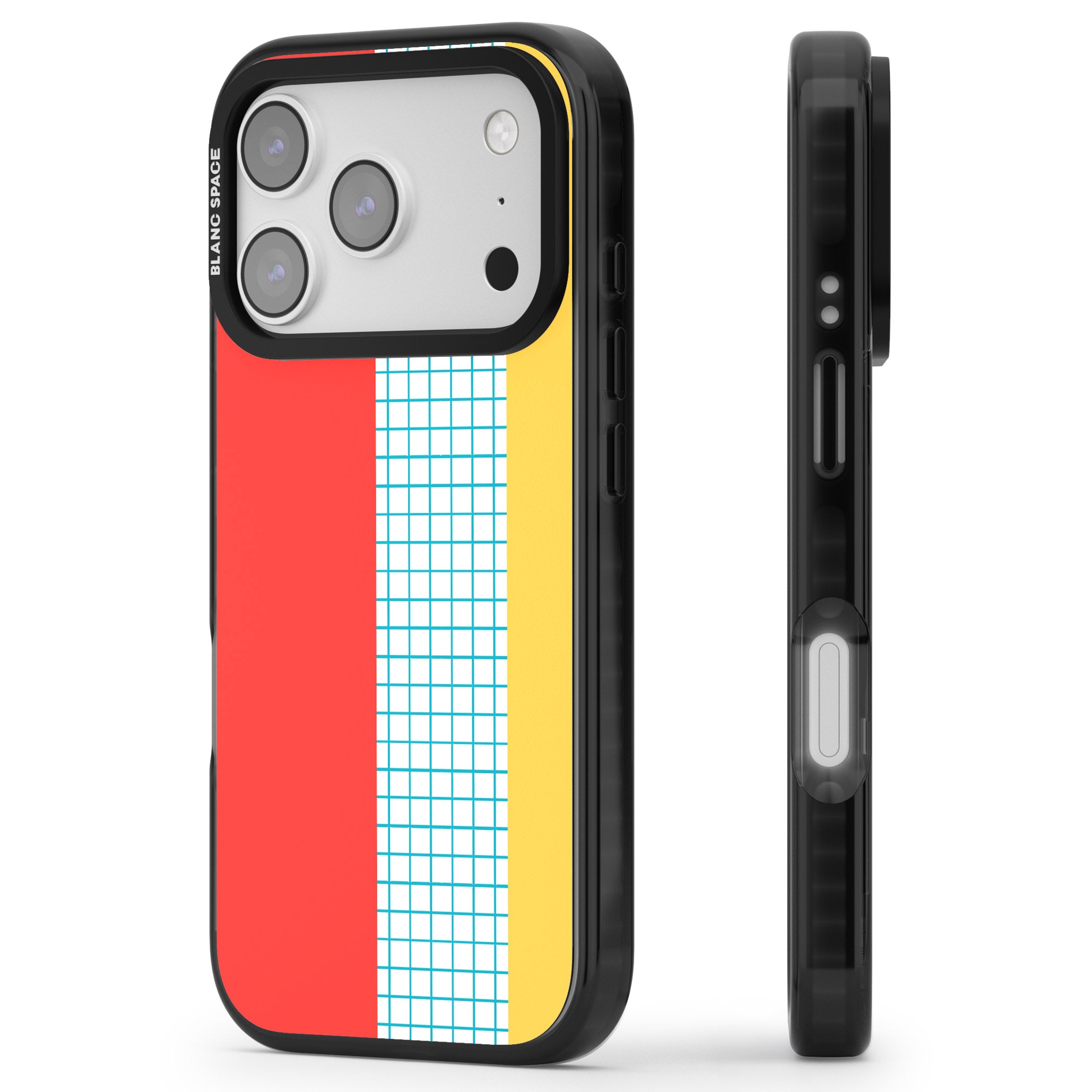 Abstract Grid Red, Blue, Yellow iPhone 17 Pro Impact Black Phone Case Side Profile