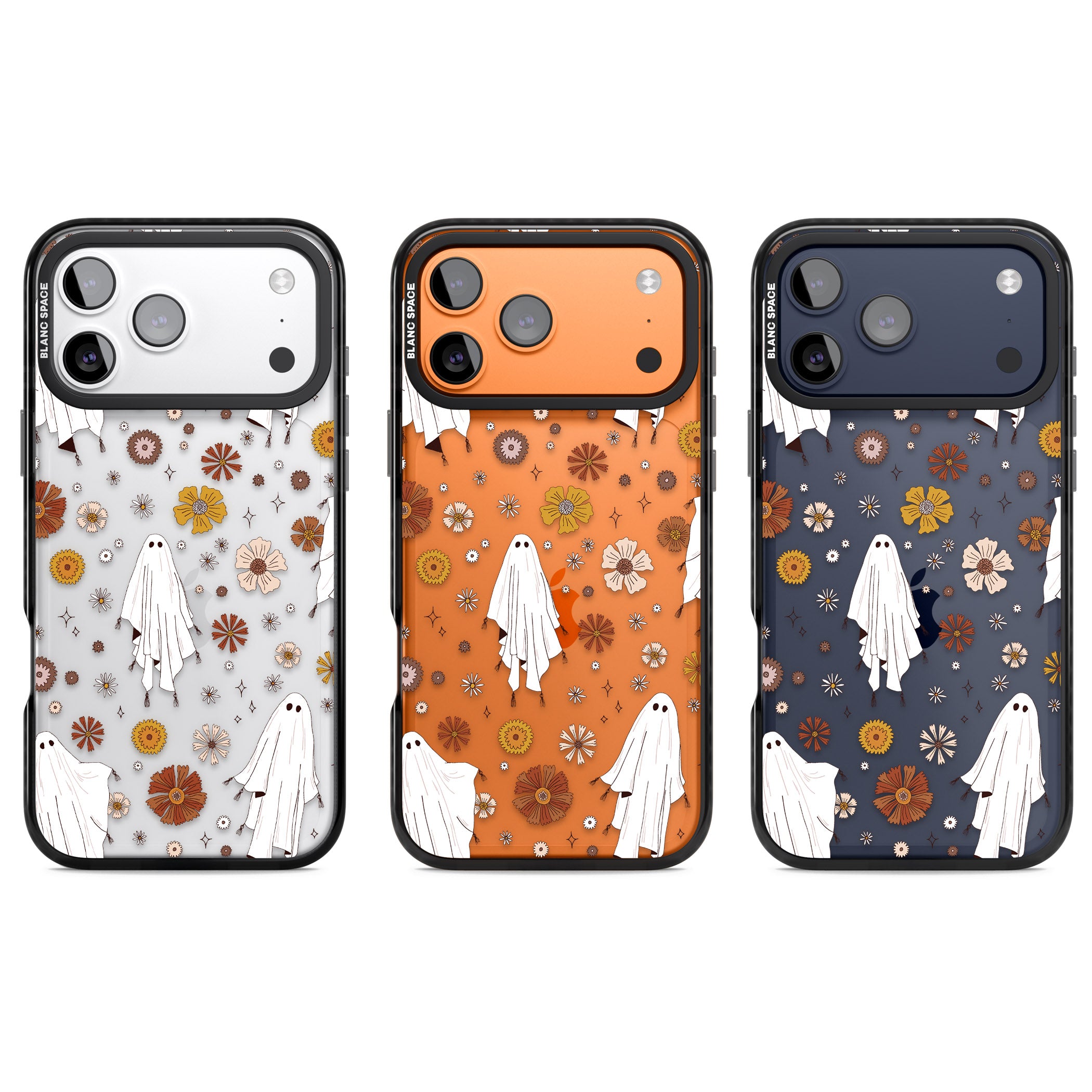 Halloween Ghosts And Flowers iPhone 17 Pro Impact Black Phone Case APT Impact Protection