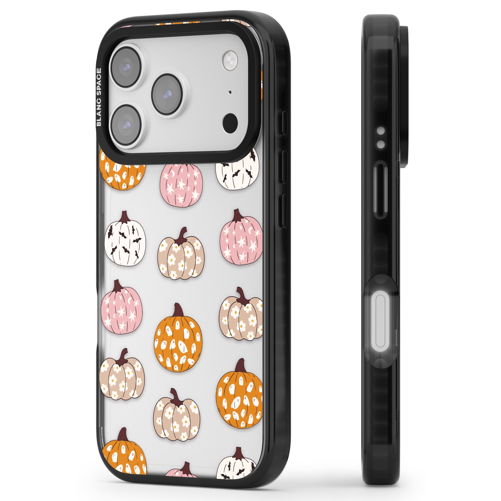 Floral Pumpkins iPhone 17 Pro Impact Black Phone Case Side Profile