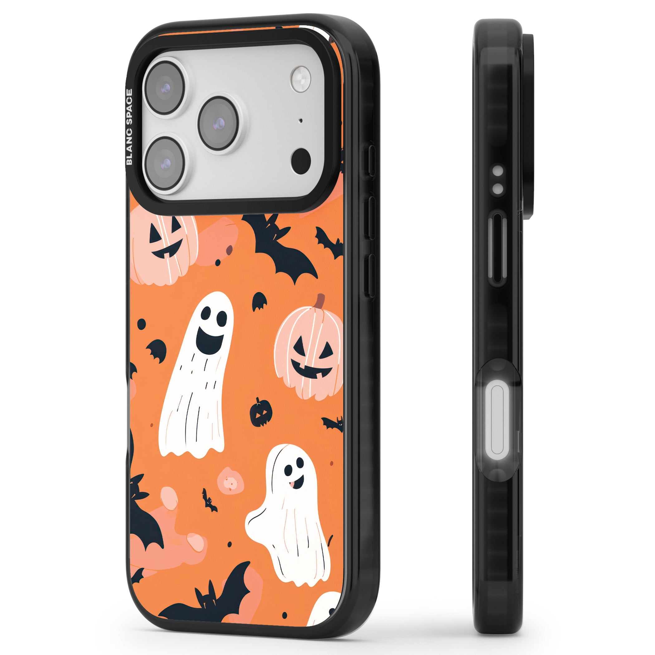 Orange Halloween Pattern iPhone 17 Pro Impact Black Phone Case Side Profile