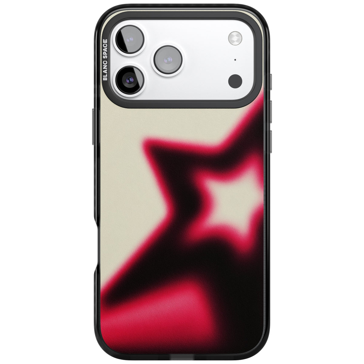 Rouge Y2K iPhone case featuring a blurred aura star in hot pink and black on a soft cream background iPhone 17 Pro Max Impact Black Phone Case front