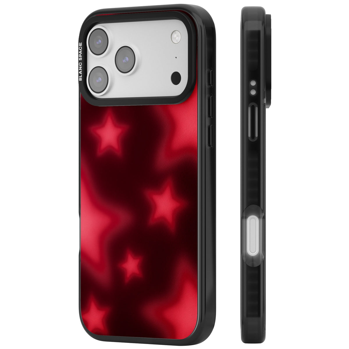 Afterglow Y2K iPhone case featuring blurred red aura stars, a dark crimson gradient and soft glowing haze iPhone 17 Pro Max Impact Black Phone Case side