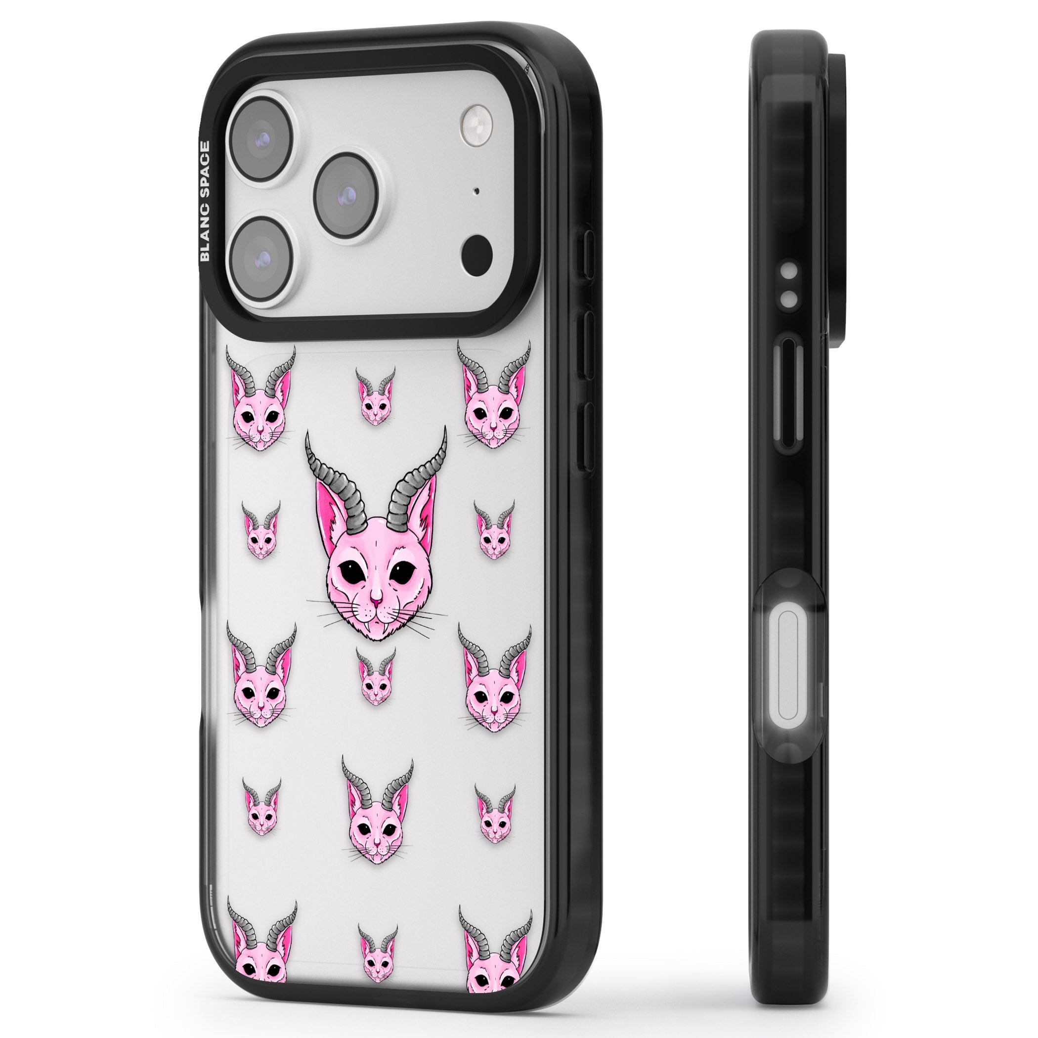 Demon Cat Pattern iPhone 17 Pro Impact Black Phone Case Side Profile