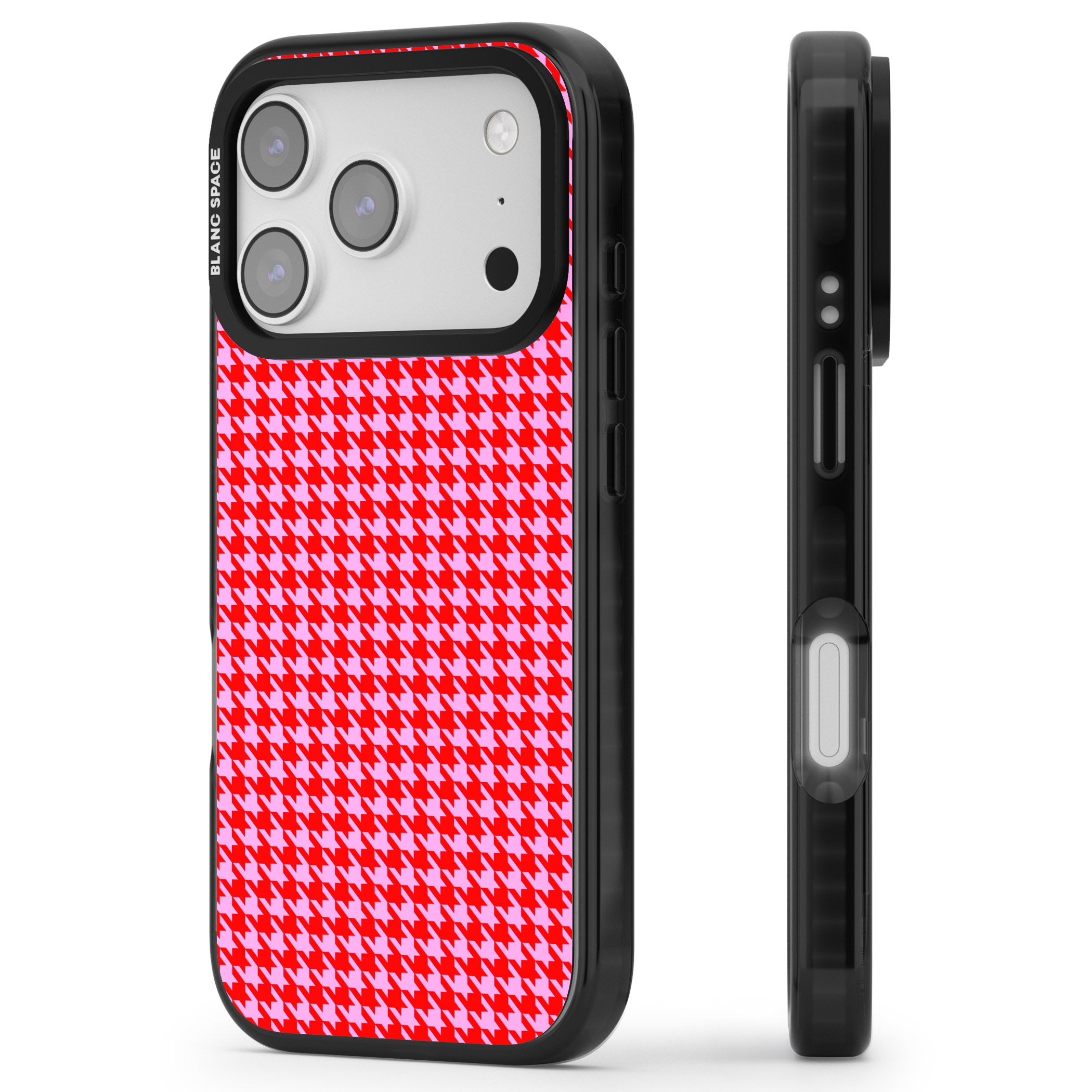 Neon Pink & Red Houndstooth iPhone 17 Pro Impact Black Phone Case Side Profile